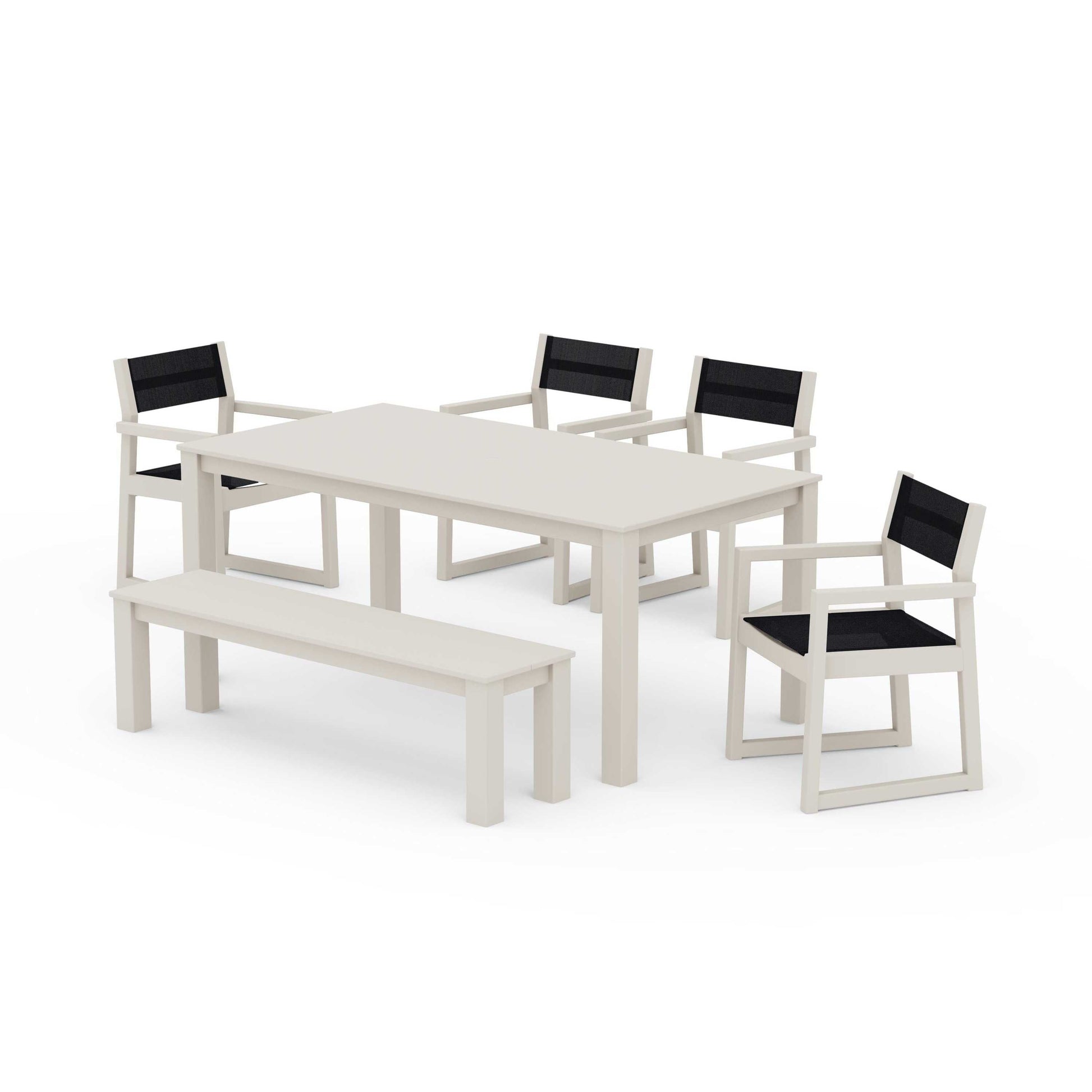 POLYWOOD EDGE Sling Arm Chair 6-Piece Parsons Dining Set with Bench — Sand / Black Sling