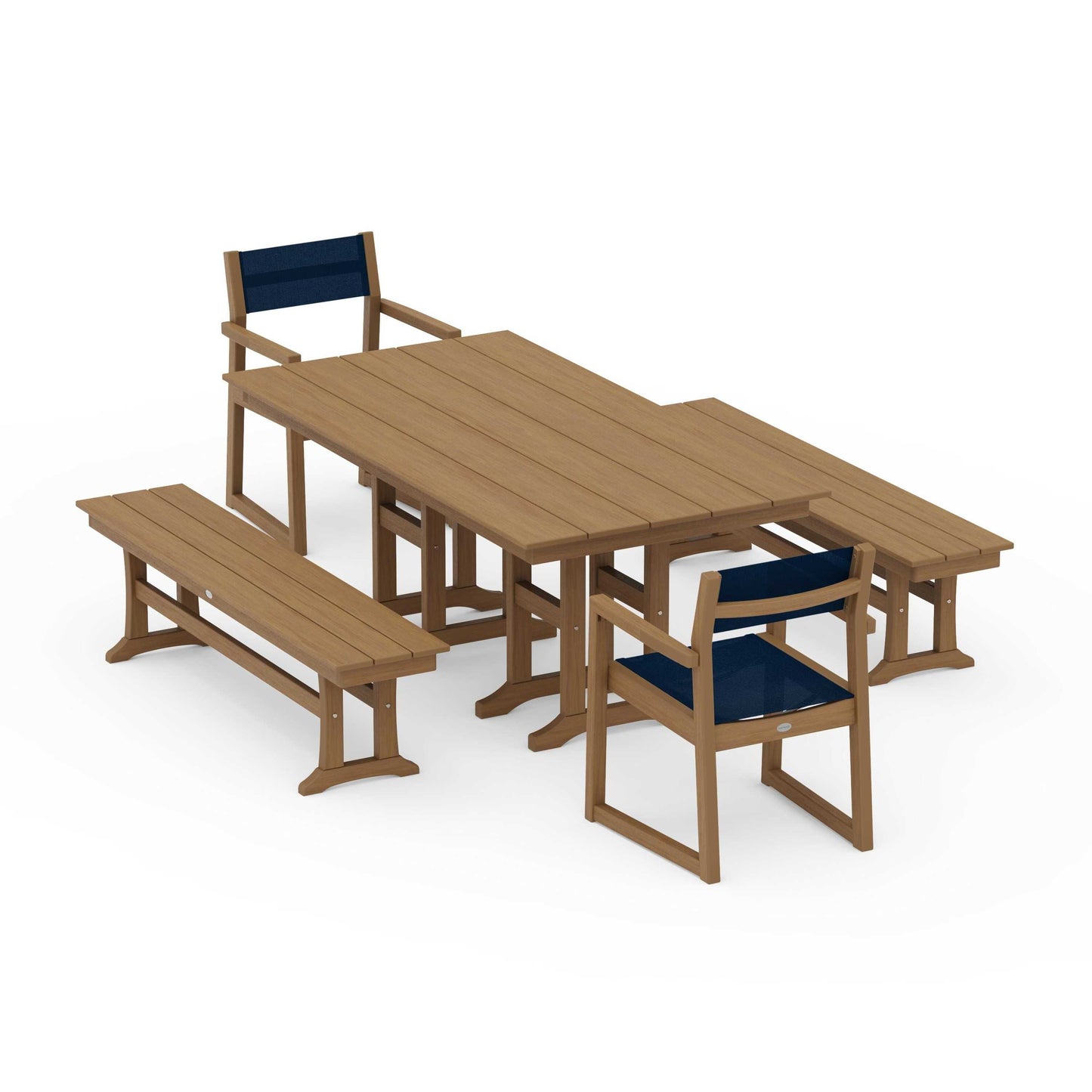 POLYWOOD EDGE Sling Arm Chair 5-Piece Farmhouse Dining Set with Benches — Natural / Navy Blue Sling