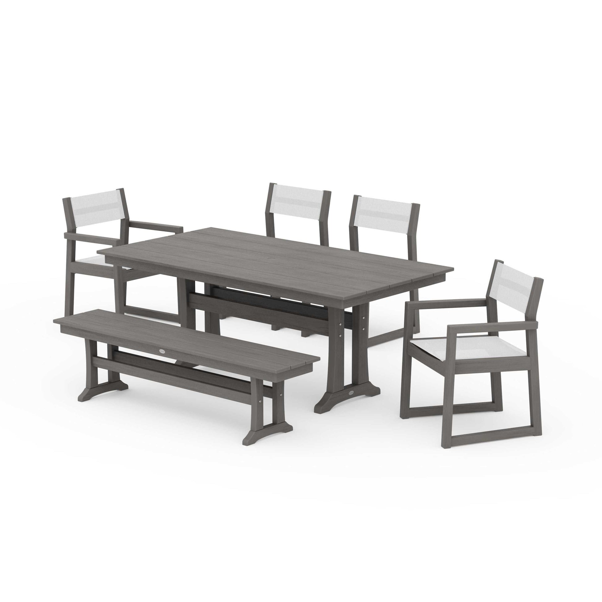 POLYWOOD EDGE Sling 6-Piece Farmhouse Dining Set With Trestle Legs — Driftwood / White Sling