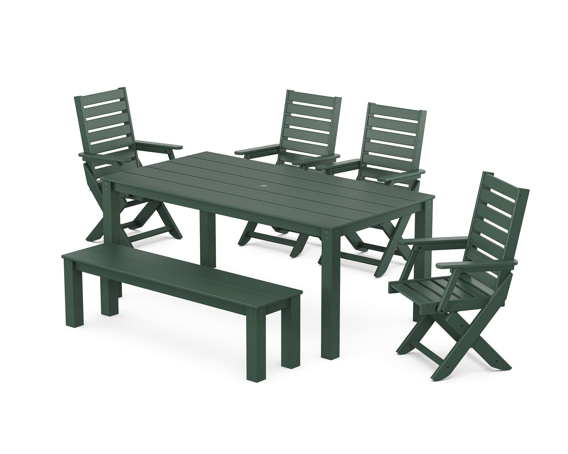 POLYWOOD Captain Folding Chair 6-Piece Parsons Dining Set with Bench — Green