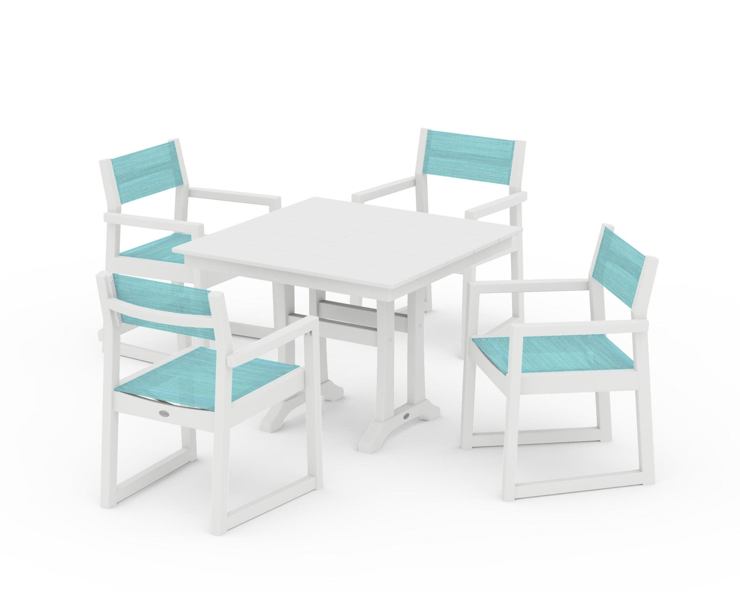 POLYWOOD EDGE Sling 5-Piece Farmhouse Dining Set with Trestle Legs — White / Dupioni Aquamarine Sling