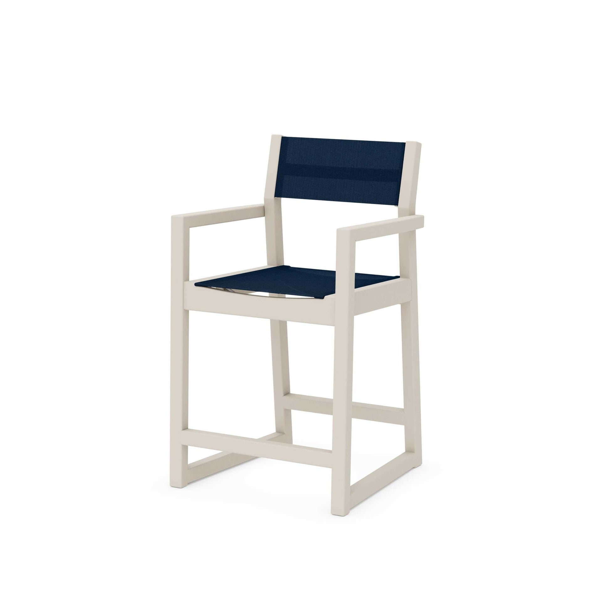 POLYWOOD EDGE Sling Counter Arm Chair — Sand / Navy Blue Sling