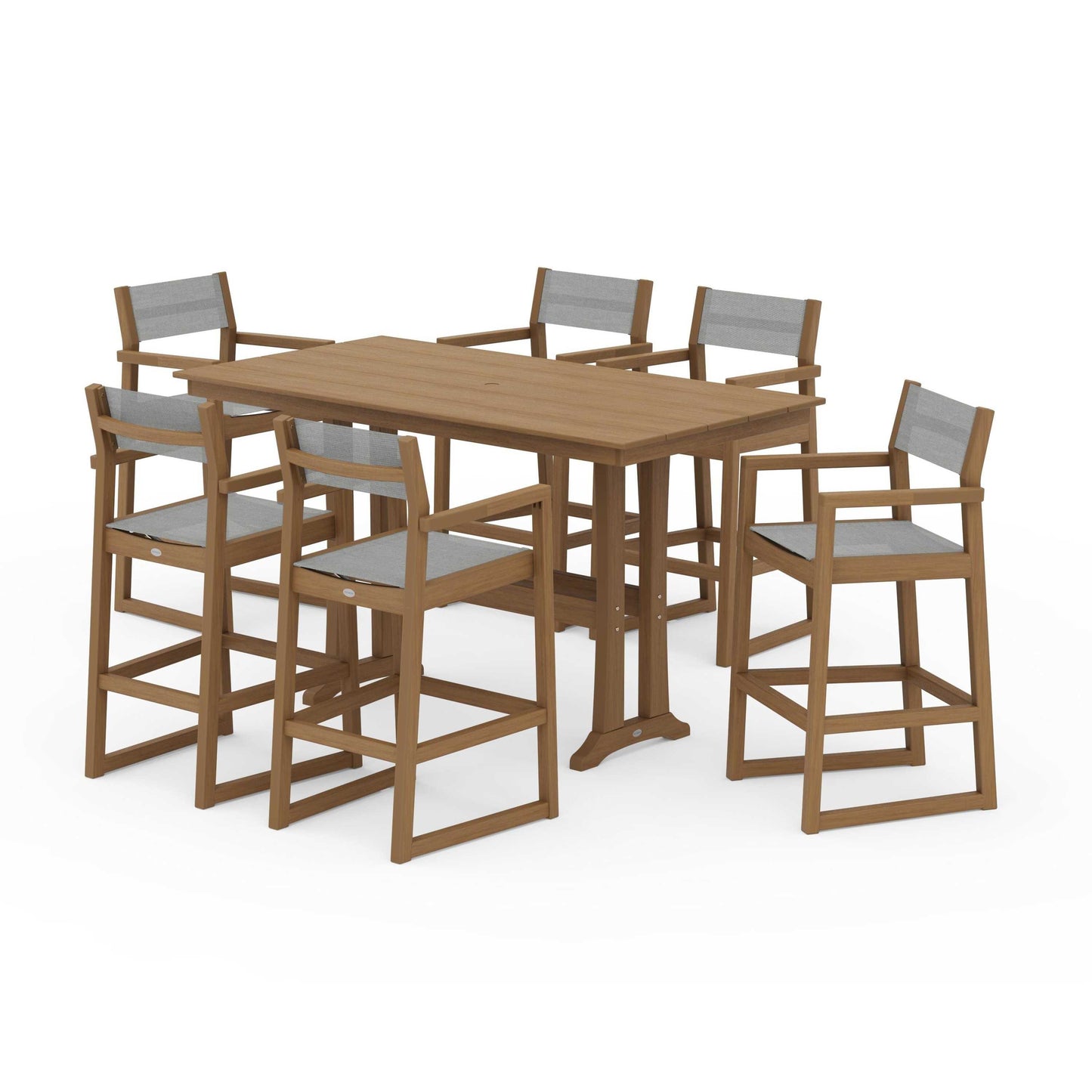 POLYWOOD EDGE Sling Arm Chair 7-Piece Farmhouse Bar Set with Trestle Legs — Natural / Metallic Sling