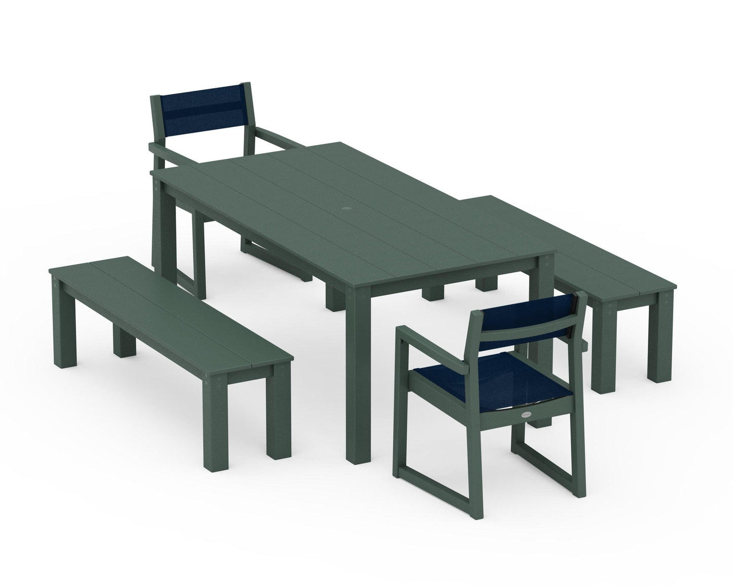 POLYWOOD EDGE Sling Arm Chair 5-Piece Parsons Dining Set with Benches — Green / Navy Blue Sling