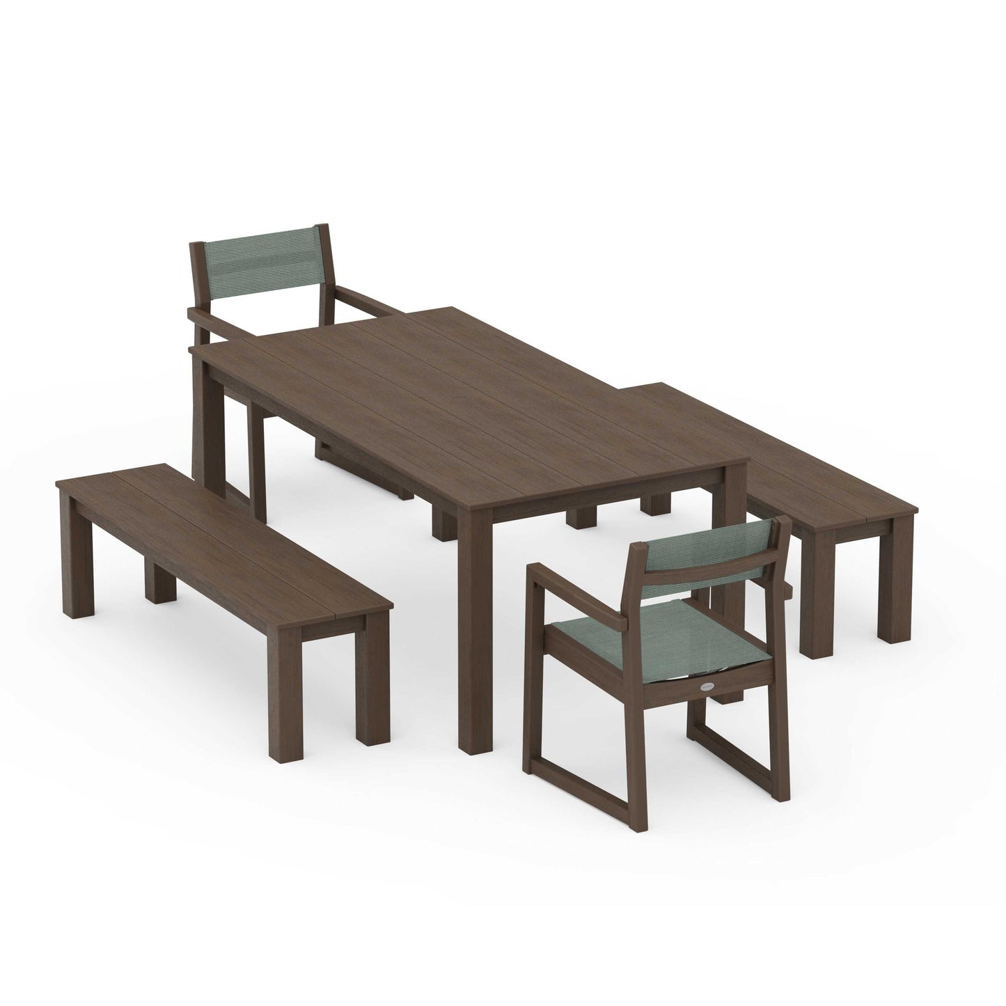 POLYWOOD EDGE Sling Arm Chair 5-Piece Parsons Dining Set with Benches — Kona / Dupioni Sea Mist Sling