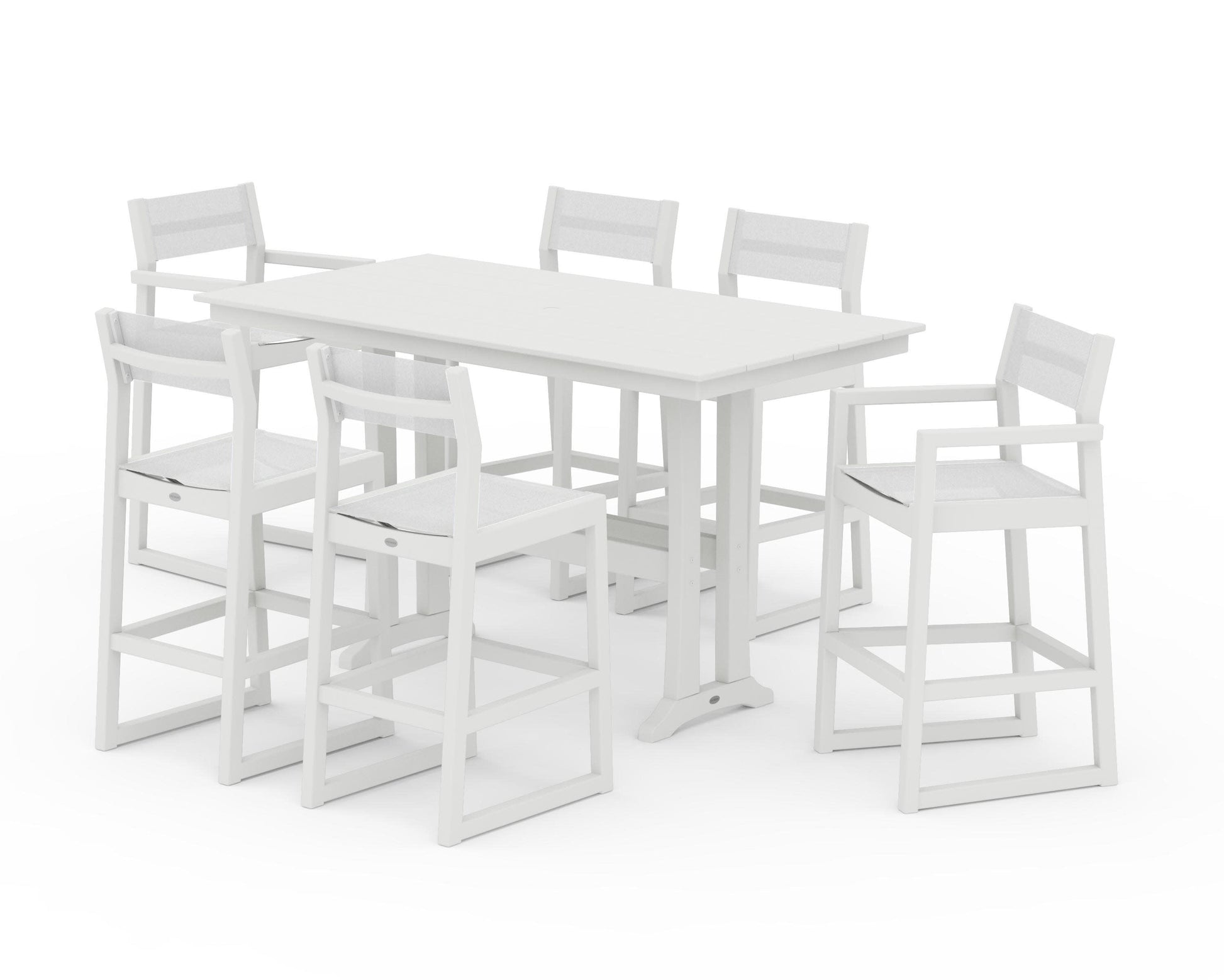 POLYWOOD EDGE Sling 7-Piece Farmhouse Bar Set with Trestle Legs — Vintage White / White Sling