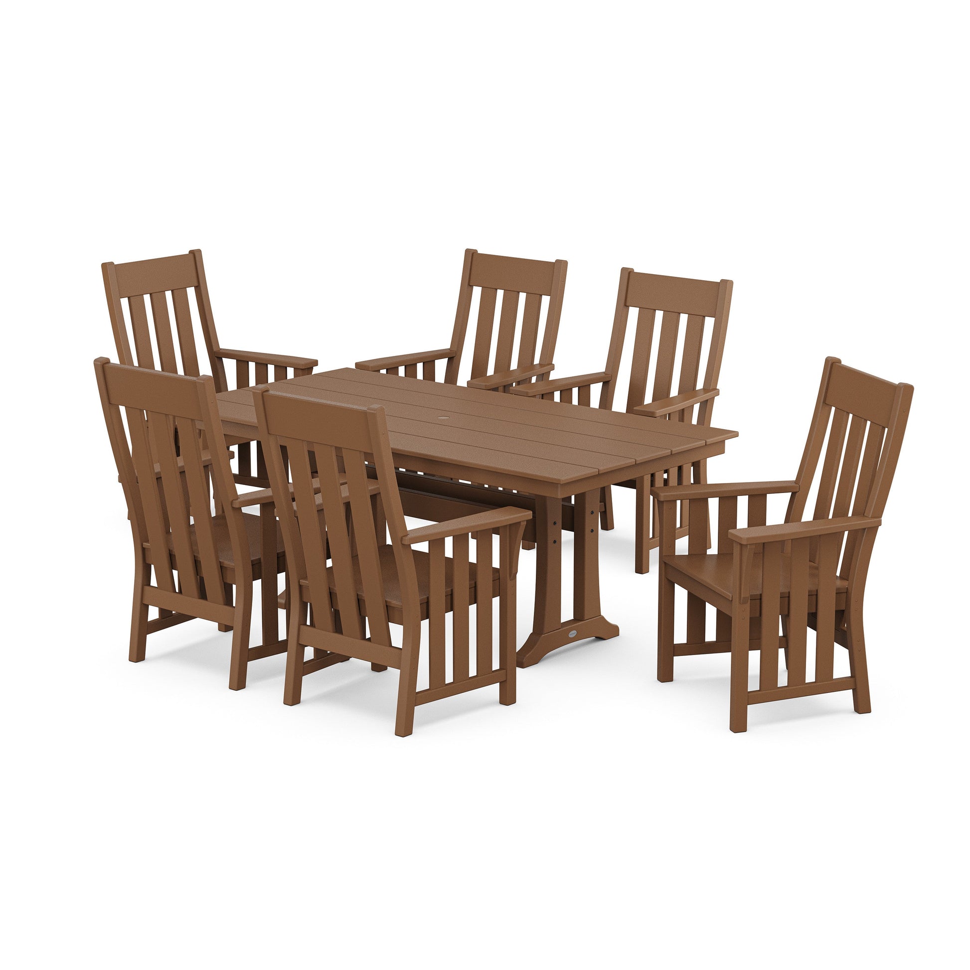 POLYWOOD Acadia Arm Chair 7-Piece Farmhouse Dining Set with Trestle Legs — Teak