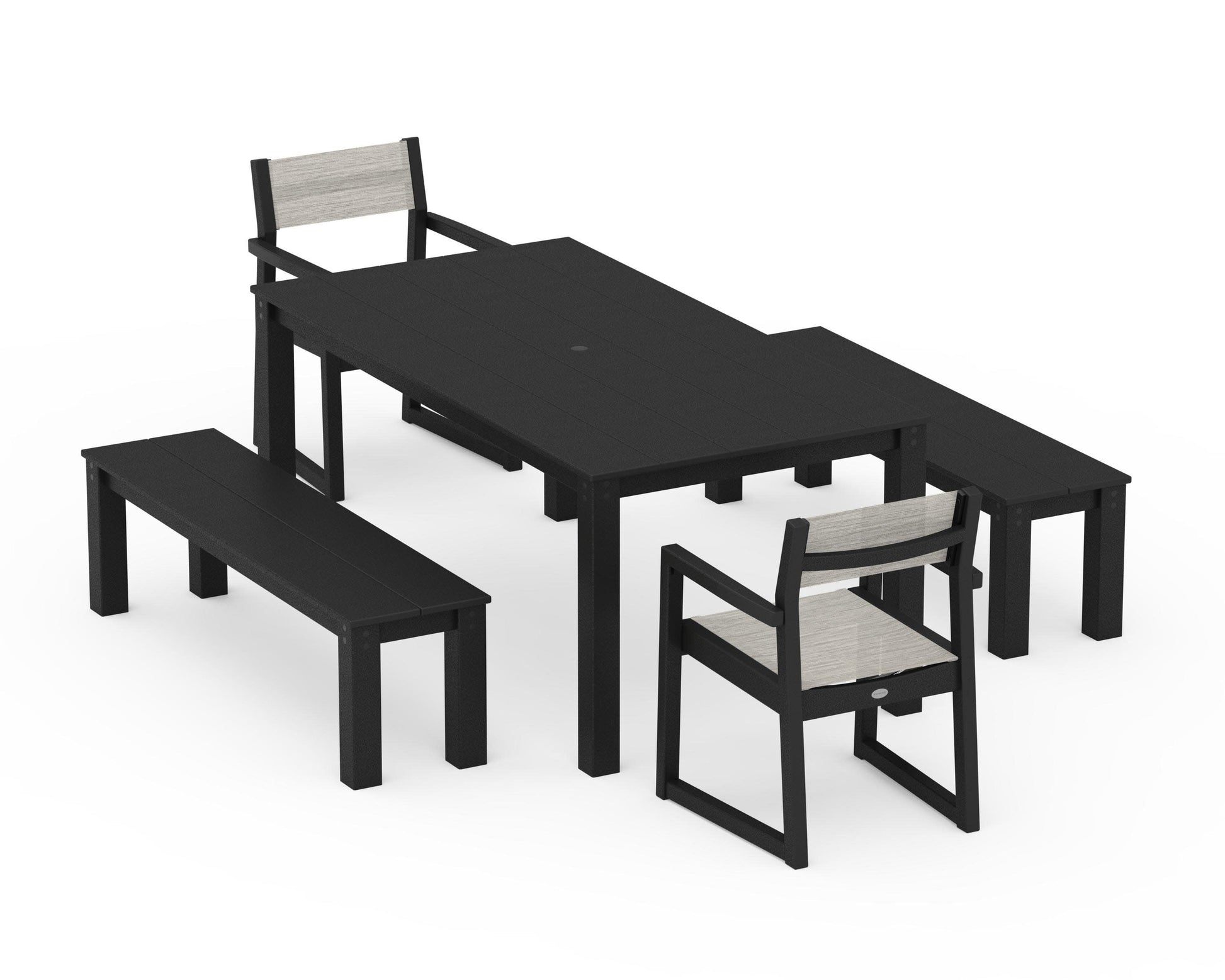 POLYWOOD EDGE Sling Arm Chair 5-Piece Parsons Dining Set with Benches — Black / Birch Sling
