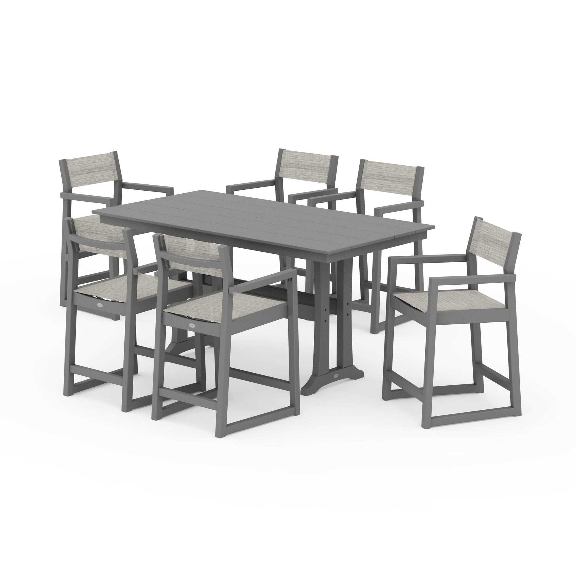 POLYWOOD EDGE Sling Arm Chair 7-Piece Farmhouse Counter Set with Trestle Legs — Slate Grey / Birch Sling