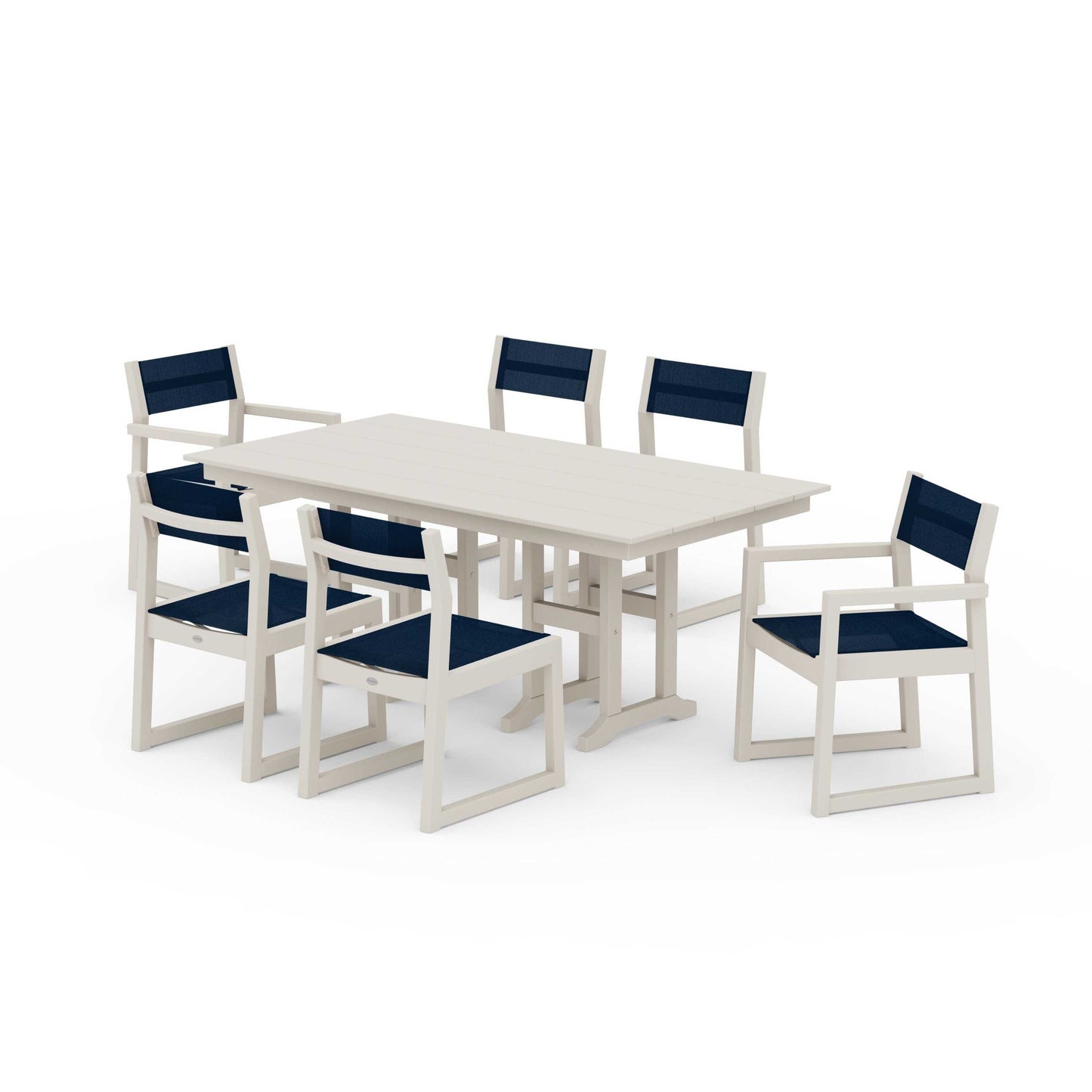 POLYWOOD EDGE Sling 7-Piece Farmhouse Dining Set — Sand / Navy Blue Sling