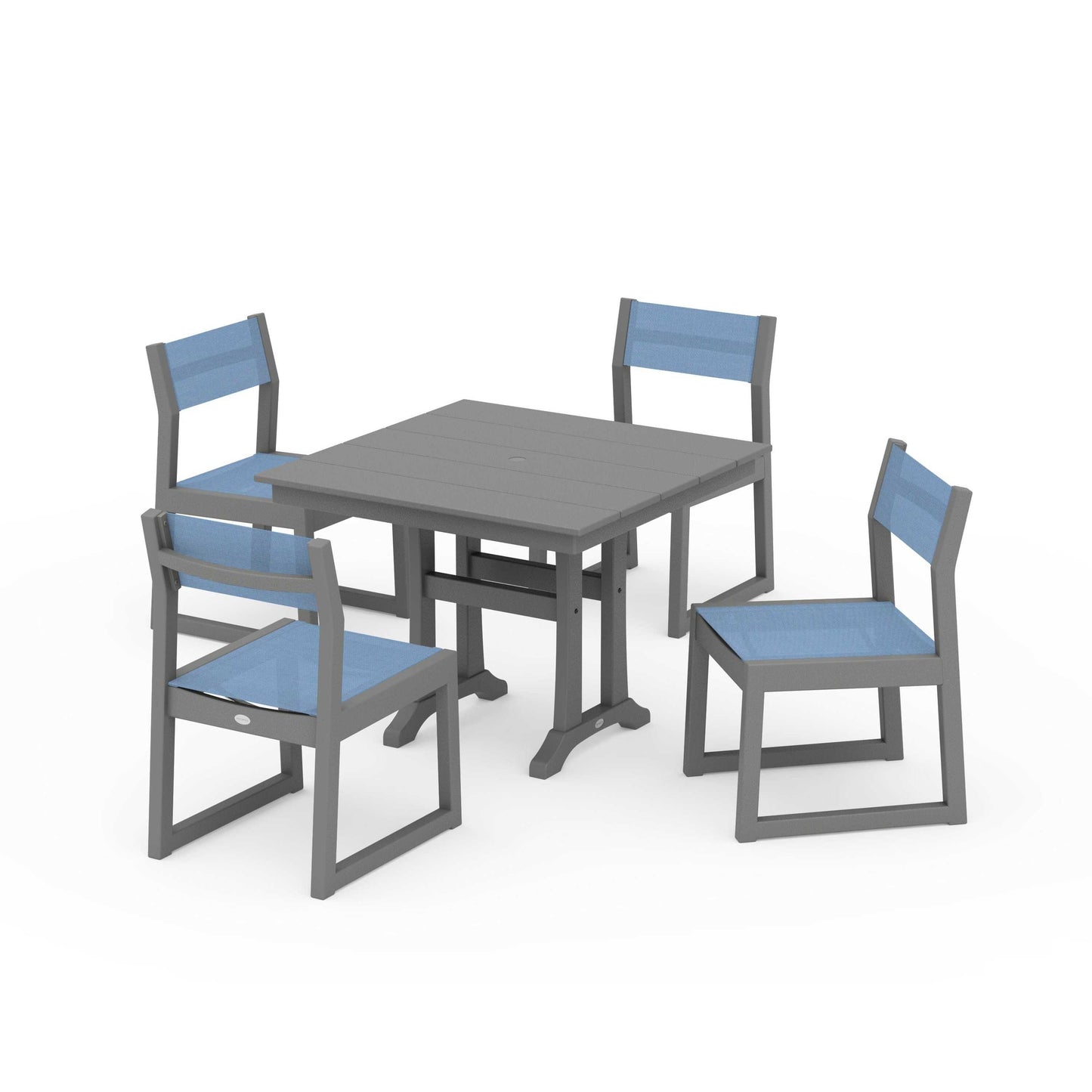 POLYWOOD EDGE Sling 5-Piece Farmhouse Trestle Side Chair Dining Set — Slate Grey / Poolside Sling
