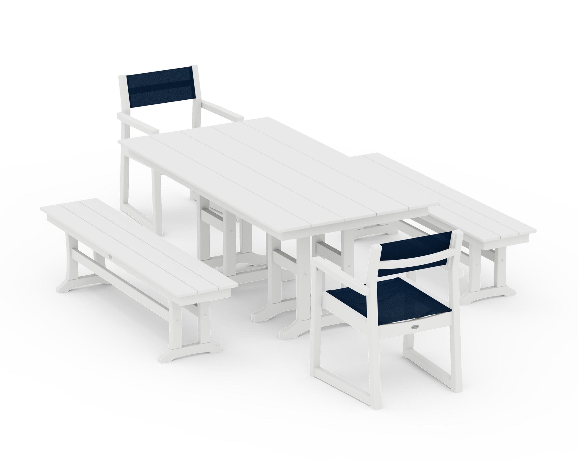 POLYWOOD EDGE Sling Arm Chair 5-Piece Farmhouse Dining Set with Benches — White / Navy Blue Sling