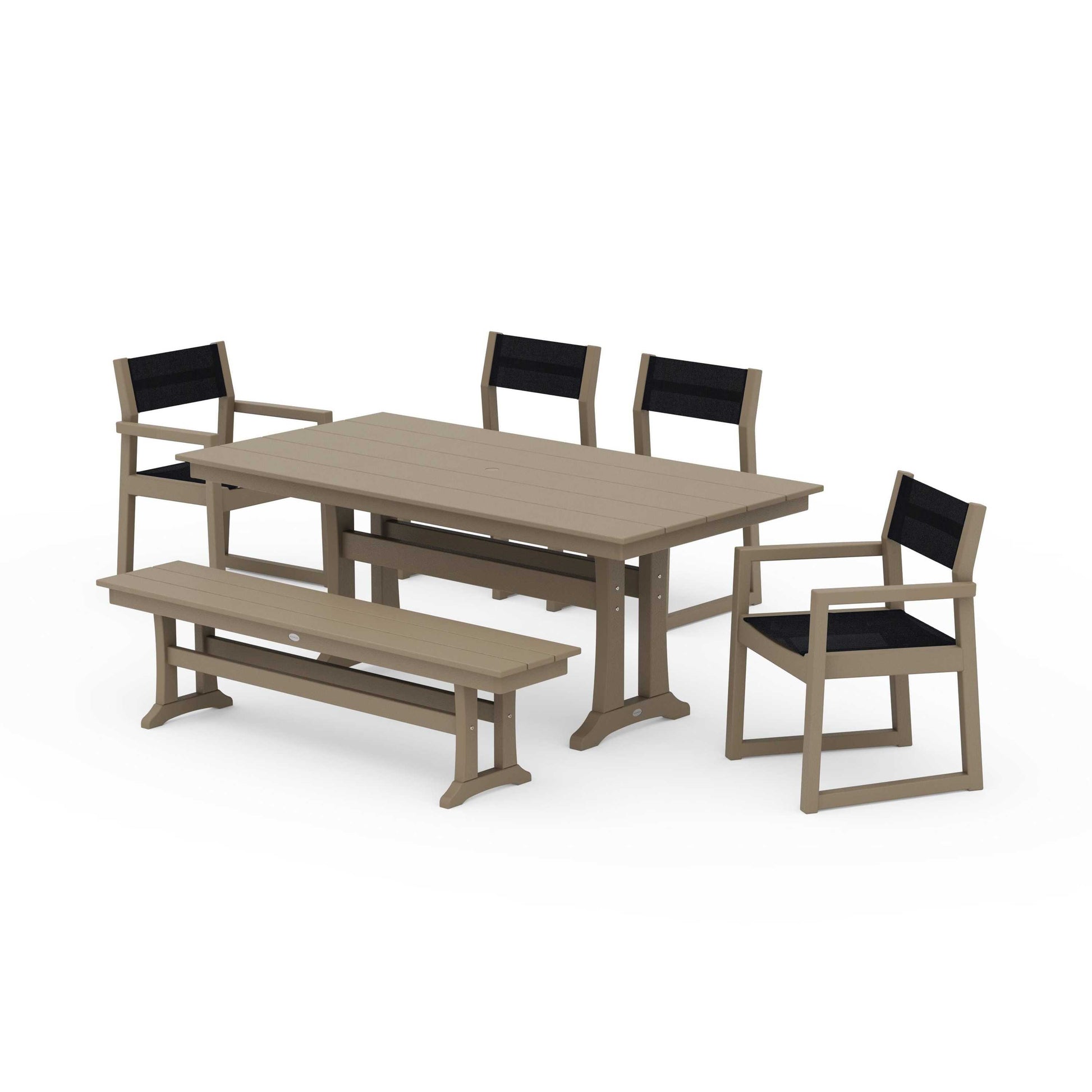 POLYWOOD EDGE Sling 6-Piece Farmhouse Dining Set With Trestle Legs — Vintage Sahara / Black Sling