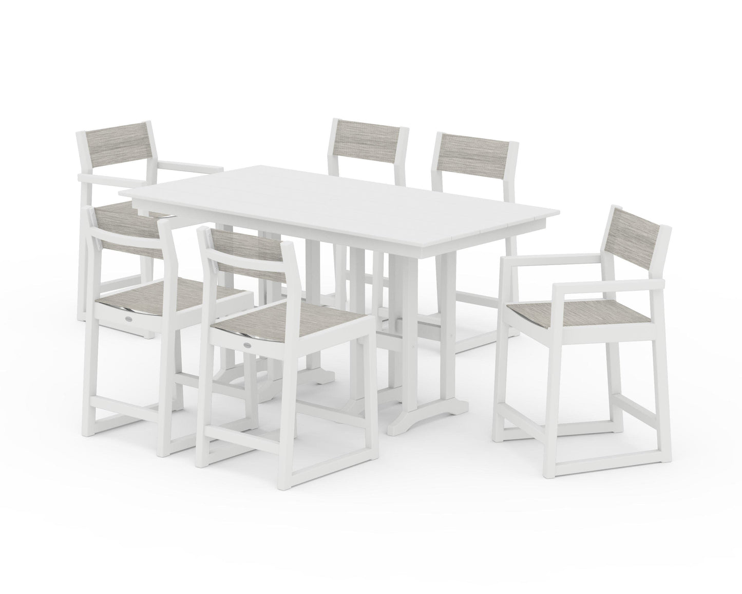 POLYWOOD EDGE Sling 7-Piece Farmhouse Counter Set with Trestle Legs — White / Birch Sling