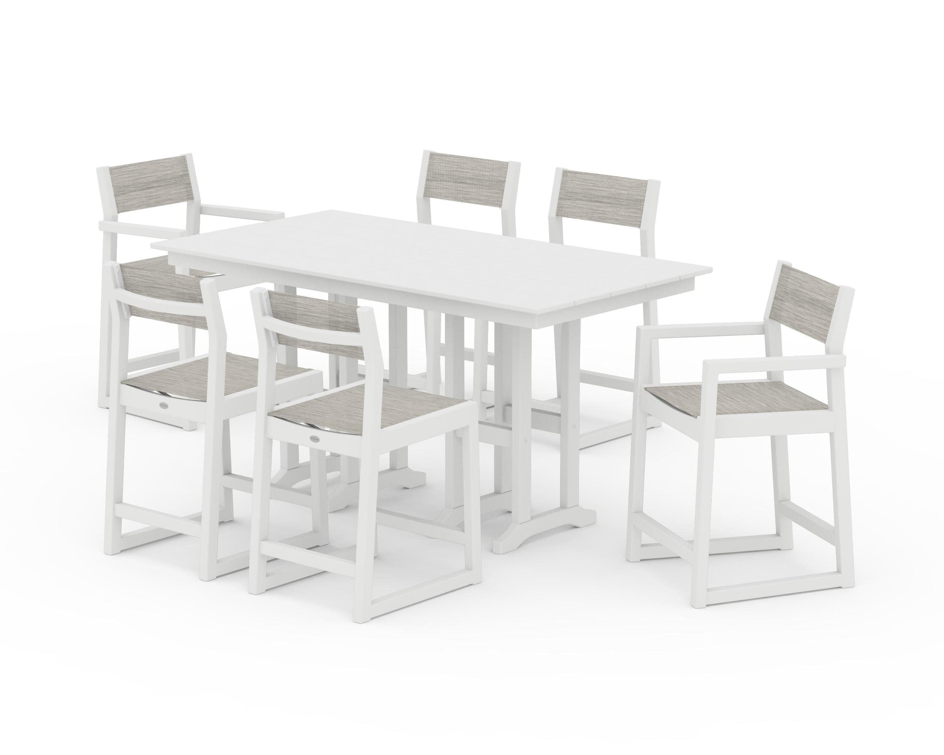 POLYWOOD EDGE Sling 7-Piece Farmhouse Counter Set with Trestle Legs — White / Birch Sling