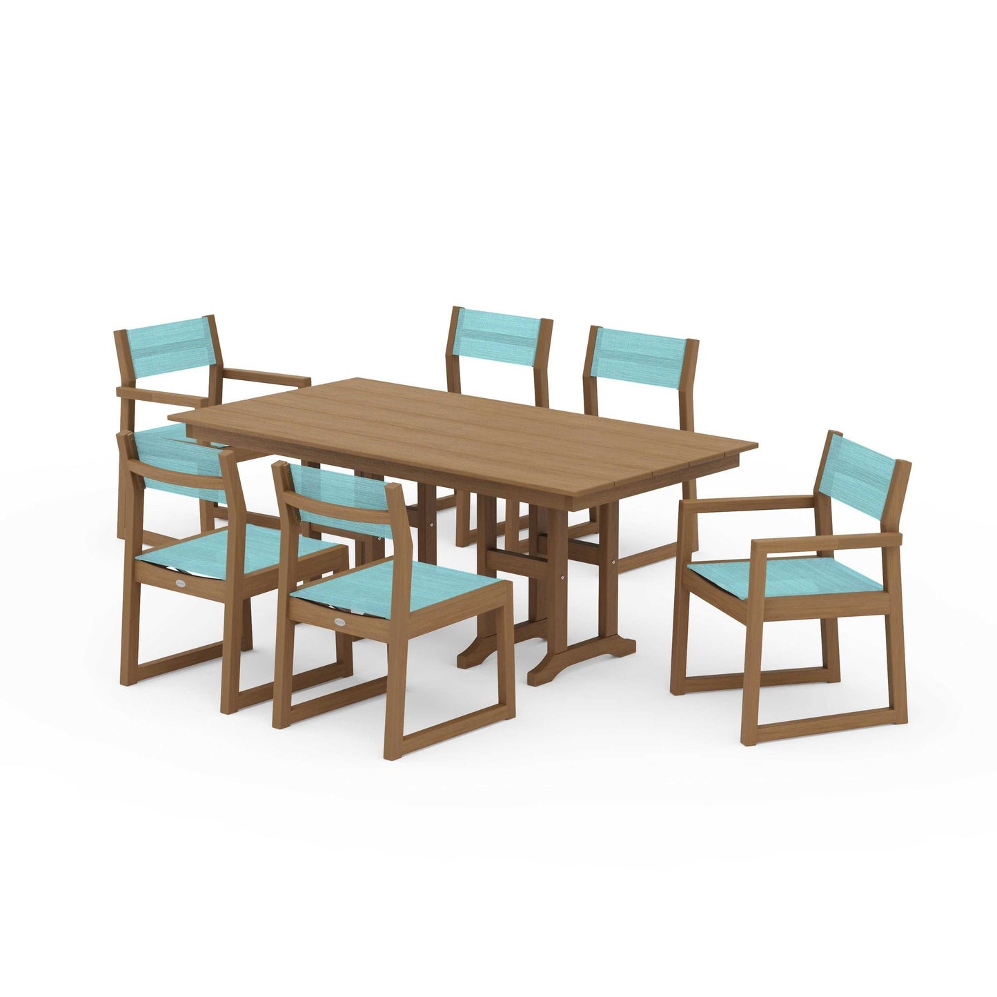 POLYWOOD EDGE Sling 7-Piece Farmhouse Dining Set — Natural / Dupioni Aquamarine Sling