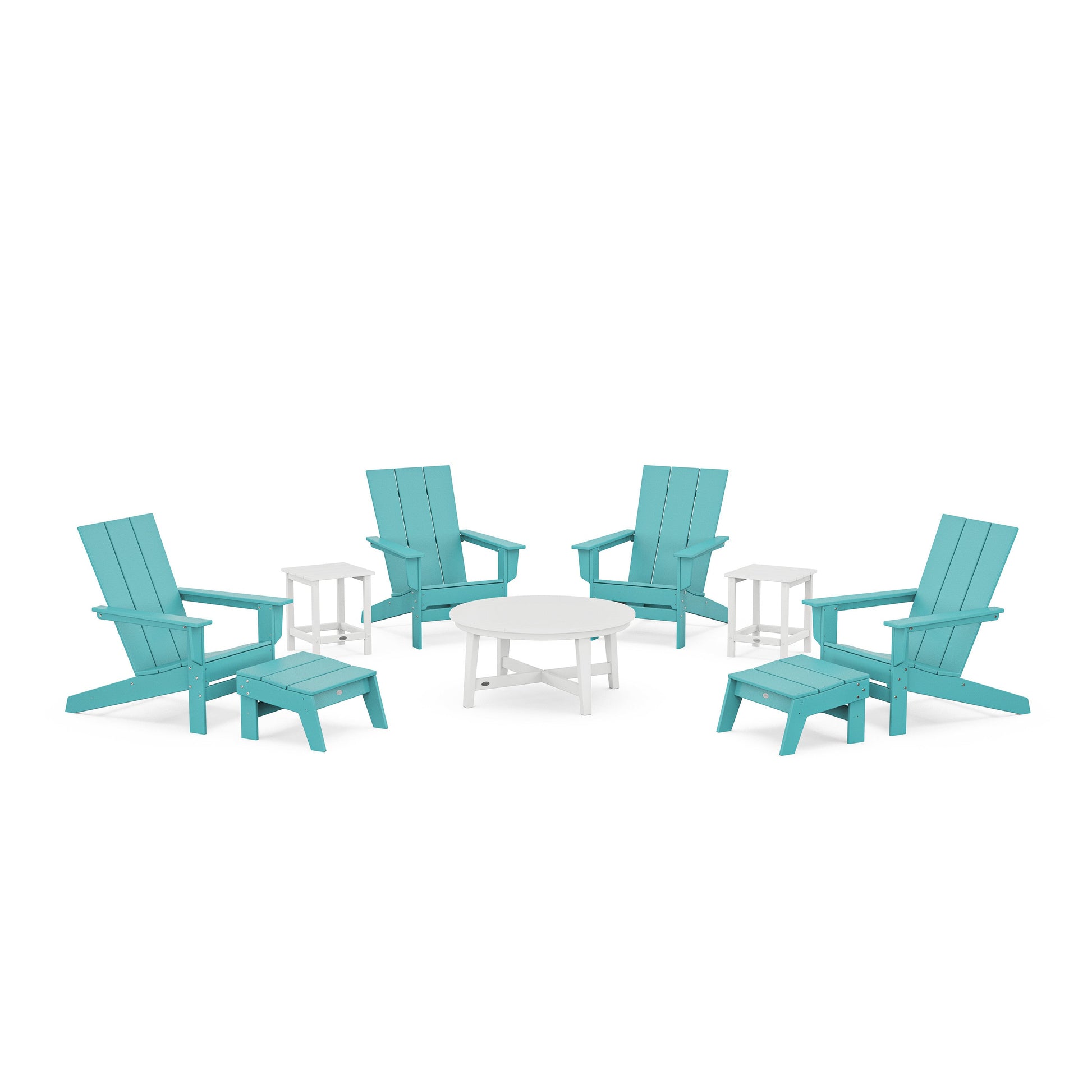 POLYWOOD Modern Studio Adirondack 9-Piece Conversation Set — Aruba / White