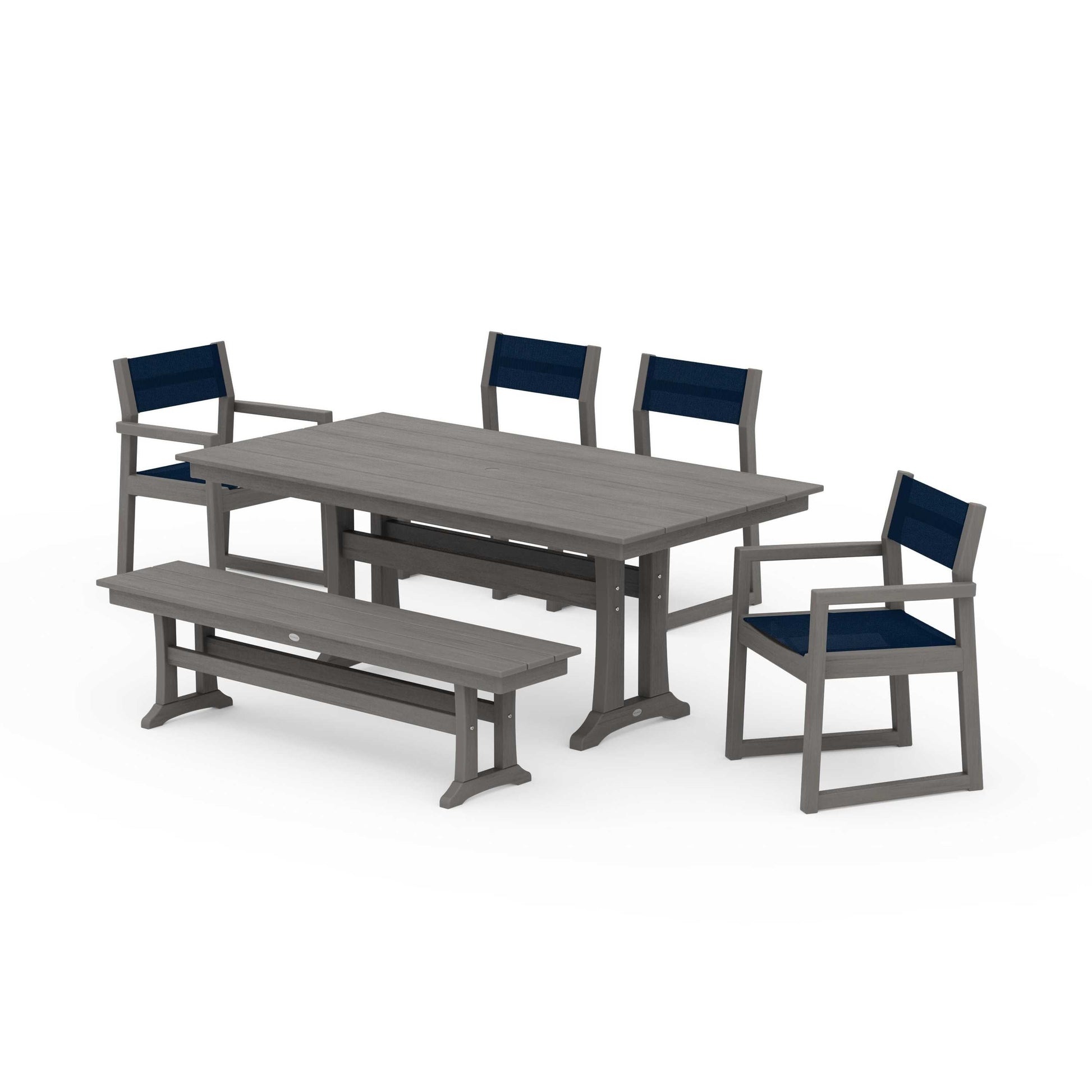 POLYWOOD EDGE Sling 6-Piece Farmhouse Dining Set With Trestle Legs — Driftwood / Navy Blue Sling