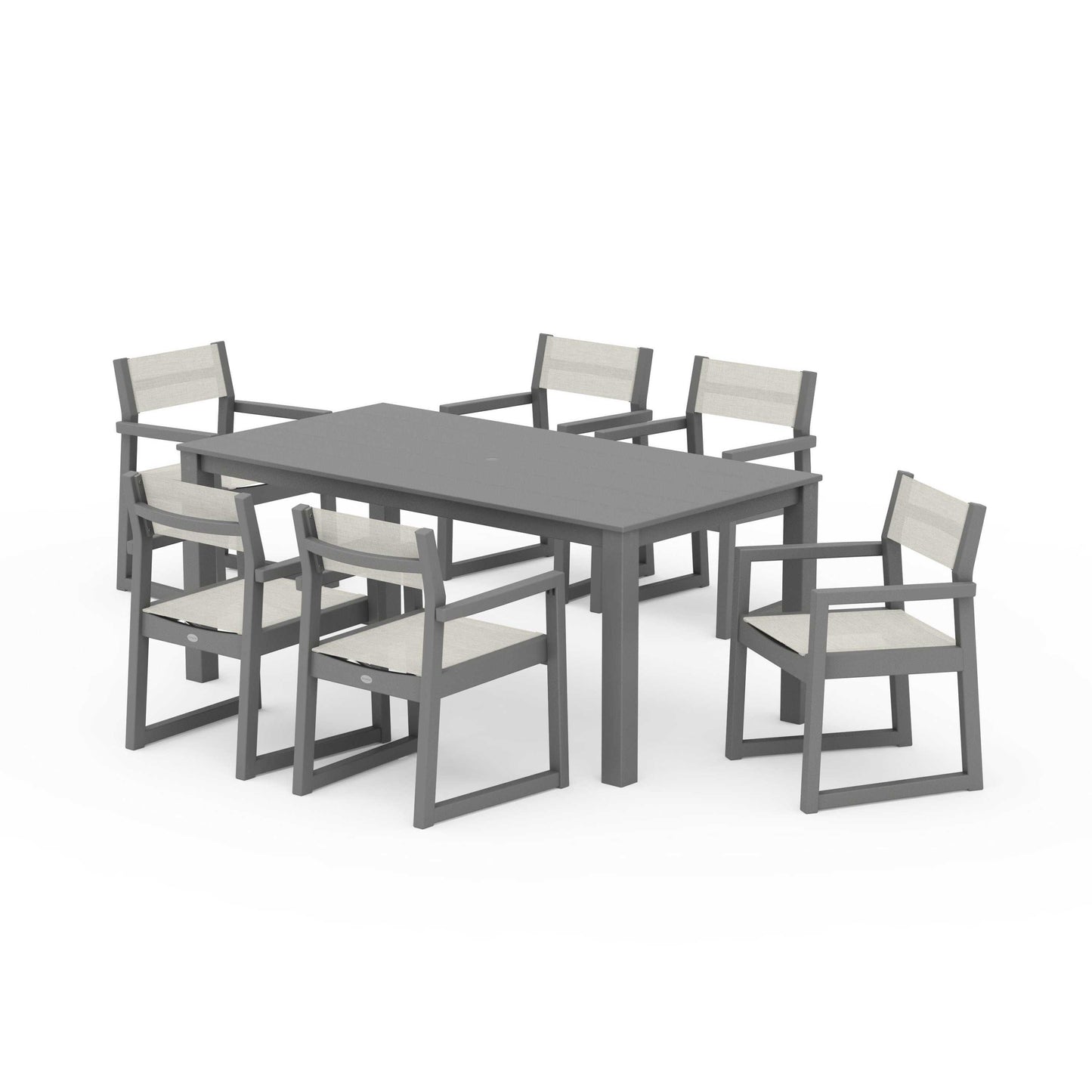 POLYWOOD EDGE Sling Arm Chair 7-Piece Parsons Dining Set — Slate Grey / Parchment Sling