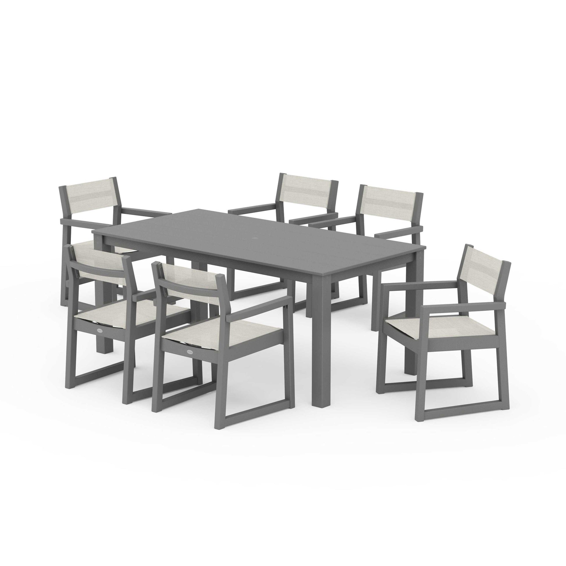 POLYWOOD EDGE Sling Arm Chair 7-Piece Parsons Dining Set — Slate Grey / Parchment Sling