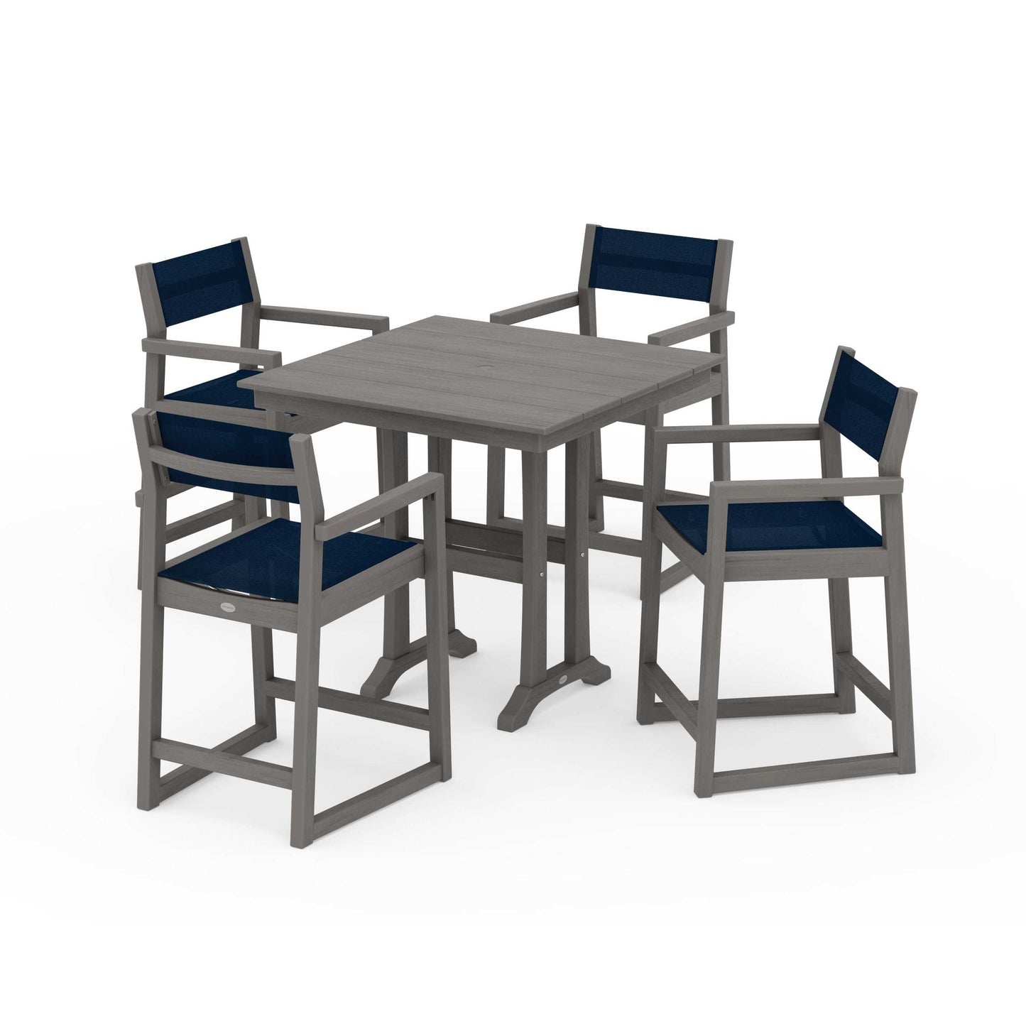 POLYWOOD EDGE Sling Arm Chair 5-Piece Farmhouse Counter Set with Trestle Legs — Driftwood / Navy Blue Sling
