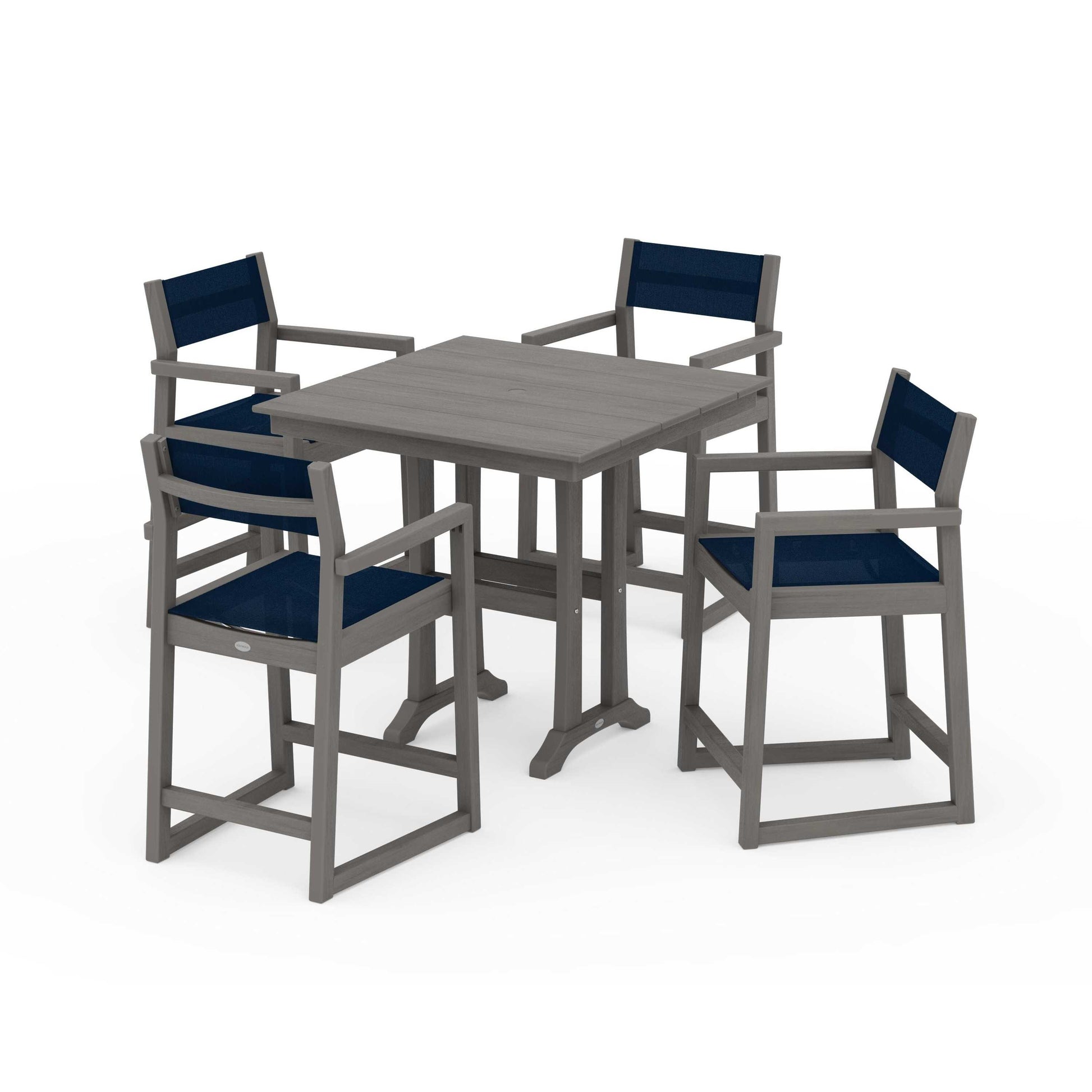 POLYWOOD EDGE Sling Arm Chair 5-Piece Farmhouse Counter Set with Trestle Legs — Driftwood / Navy Blue Sling