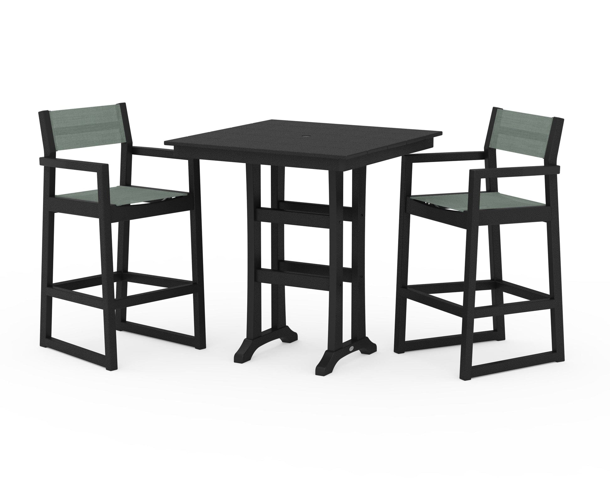 POLYWOOD EDGE Sling Arm Chair 3-Piece Farmhouse Bar Set with Trestle Legs — Black / Dupioni Sea Mist Sling