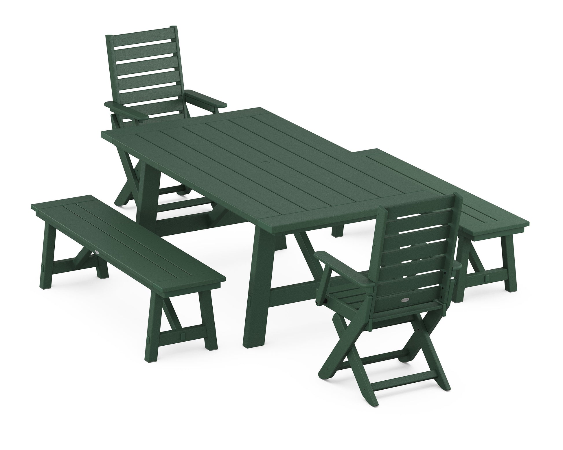 POLYWOOD Captain Folding Chair 5-Piece Rustic Farmhouse Dining Set With Benches — Green
