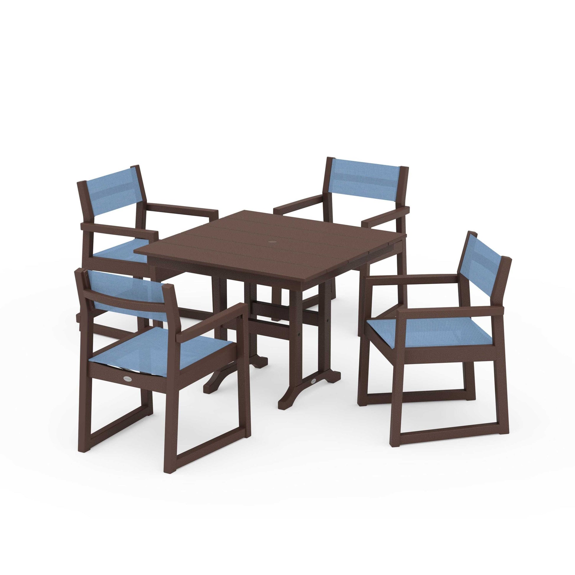 POLYWOOD EDGE Sling Arm Chair 5-Piece Farmhouse Dining Set — Mahogany / Poolside Sling