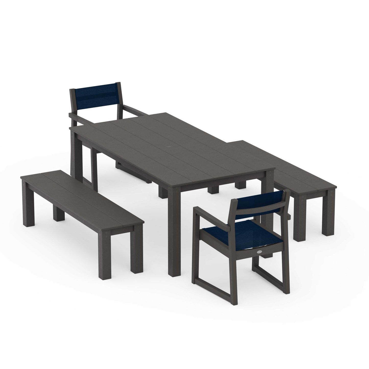POLYWOOD EDGE Sling Arm Chair 5-Piece Parsons Dining Set with Benches — Vintage Coffee / Navy Blue Sling