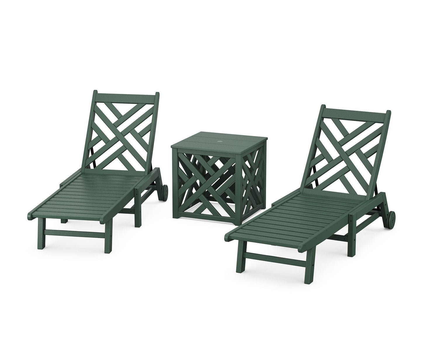 POLYWOOD Chippendale 3-Piece Chaise Set with Wheels and Umbrella Stand Accent Table — Green