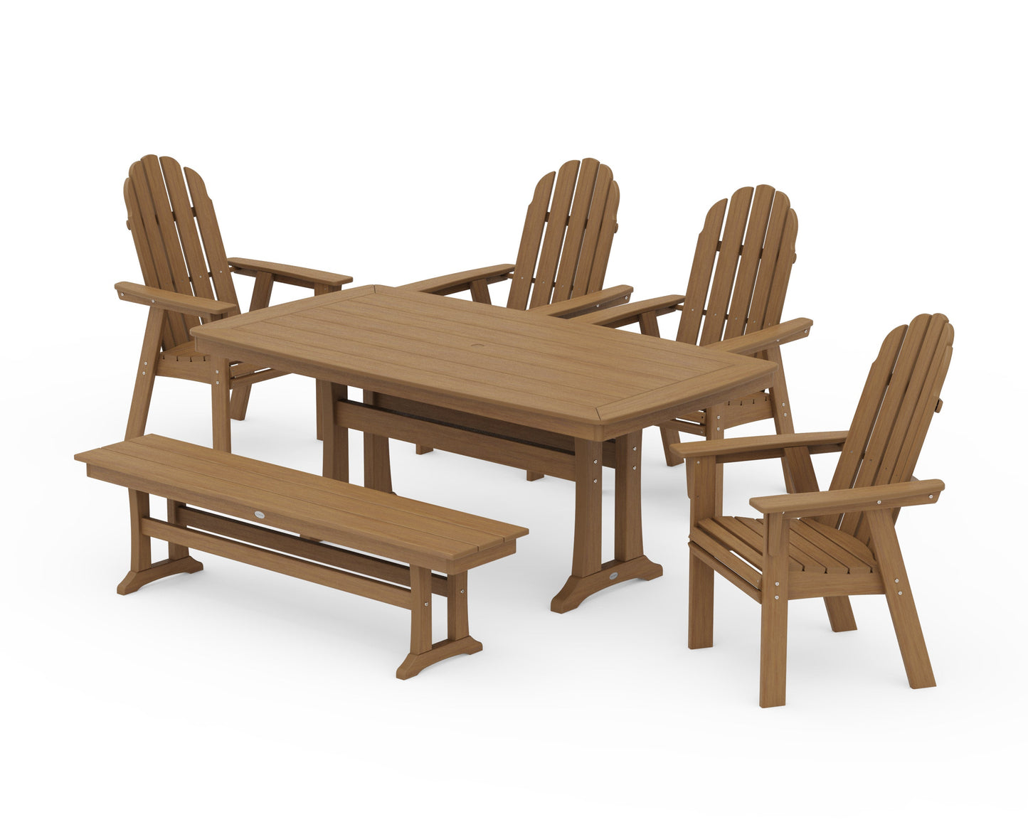POLYWOOD Vineyard Curveback Adirondack Chair 6-Piece Dining Set with Trestle Legs and Bench — Natural