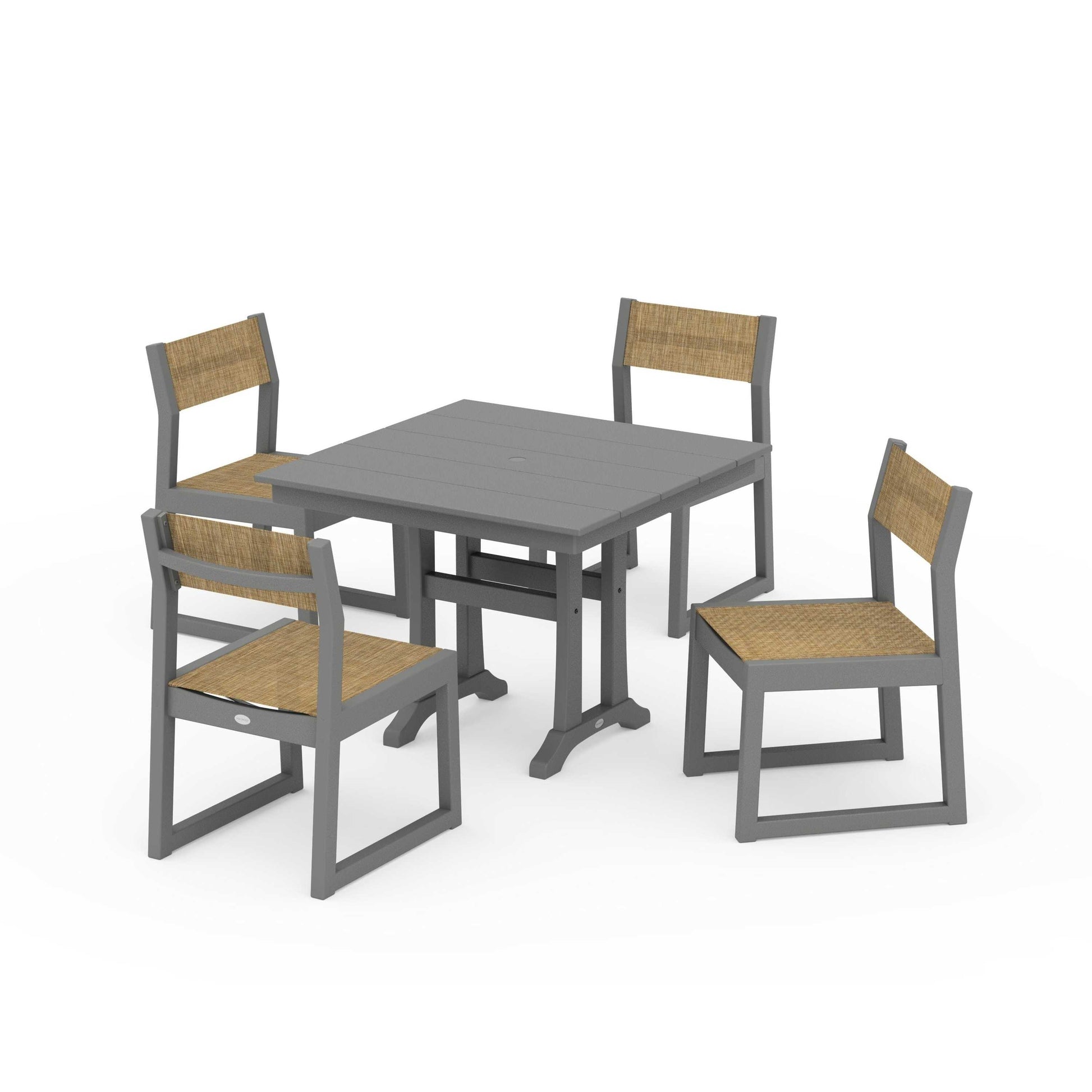 POLYWOOD EDGE Sling 5-Piece Farmhouse Trestle Side Chair Dining Set — Slate Grey / Burlap Sling