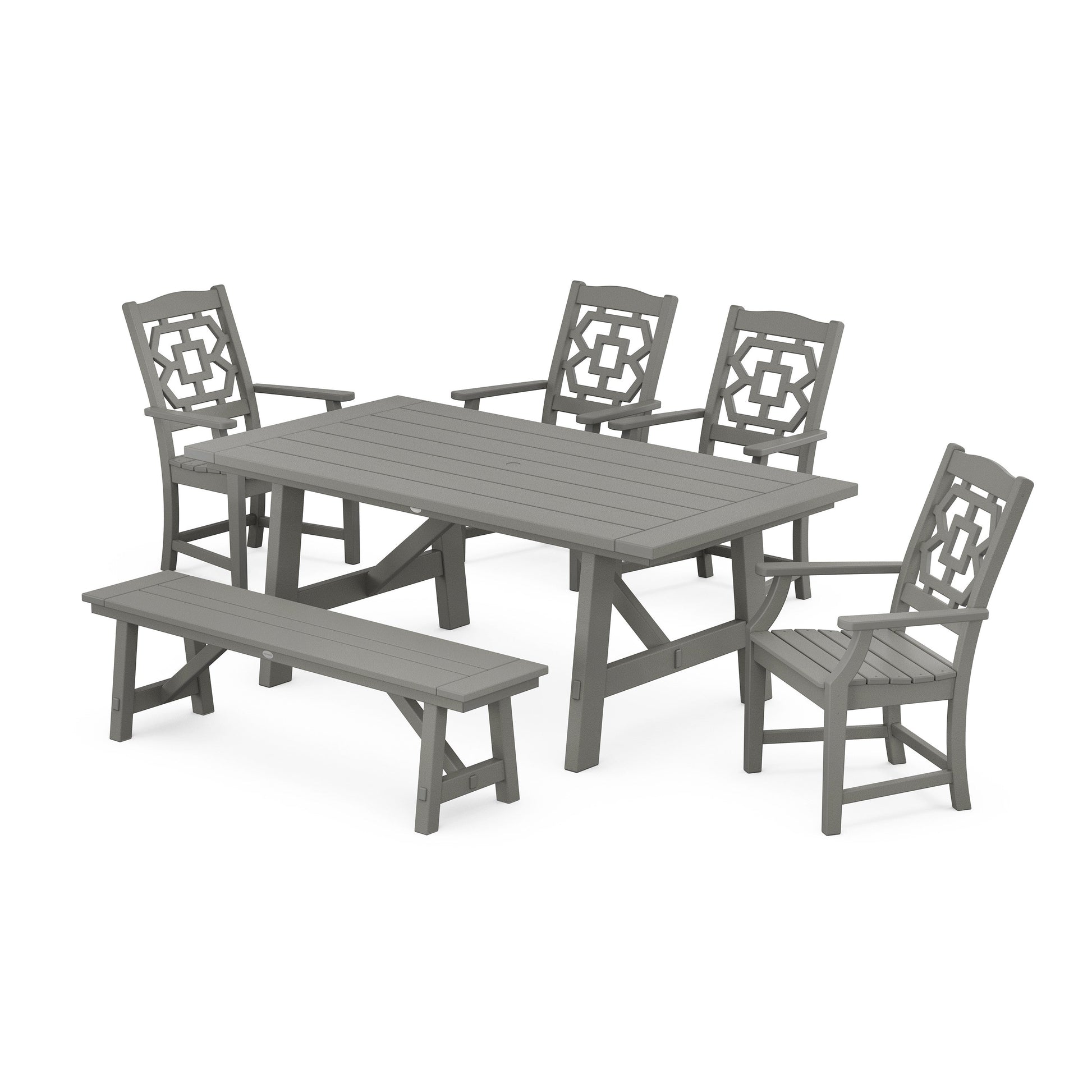 POLYWOOD Chinoiserie 6-Piece Rustic Farmhouse Dining Set with Bench — Slate Grey