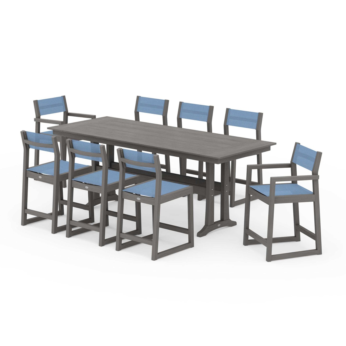 POLYWOOD EDGE Sling 9-Piece Farmhouse Counter Set with Trestle Legs — Driftwood / Poolside Sling