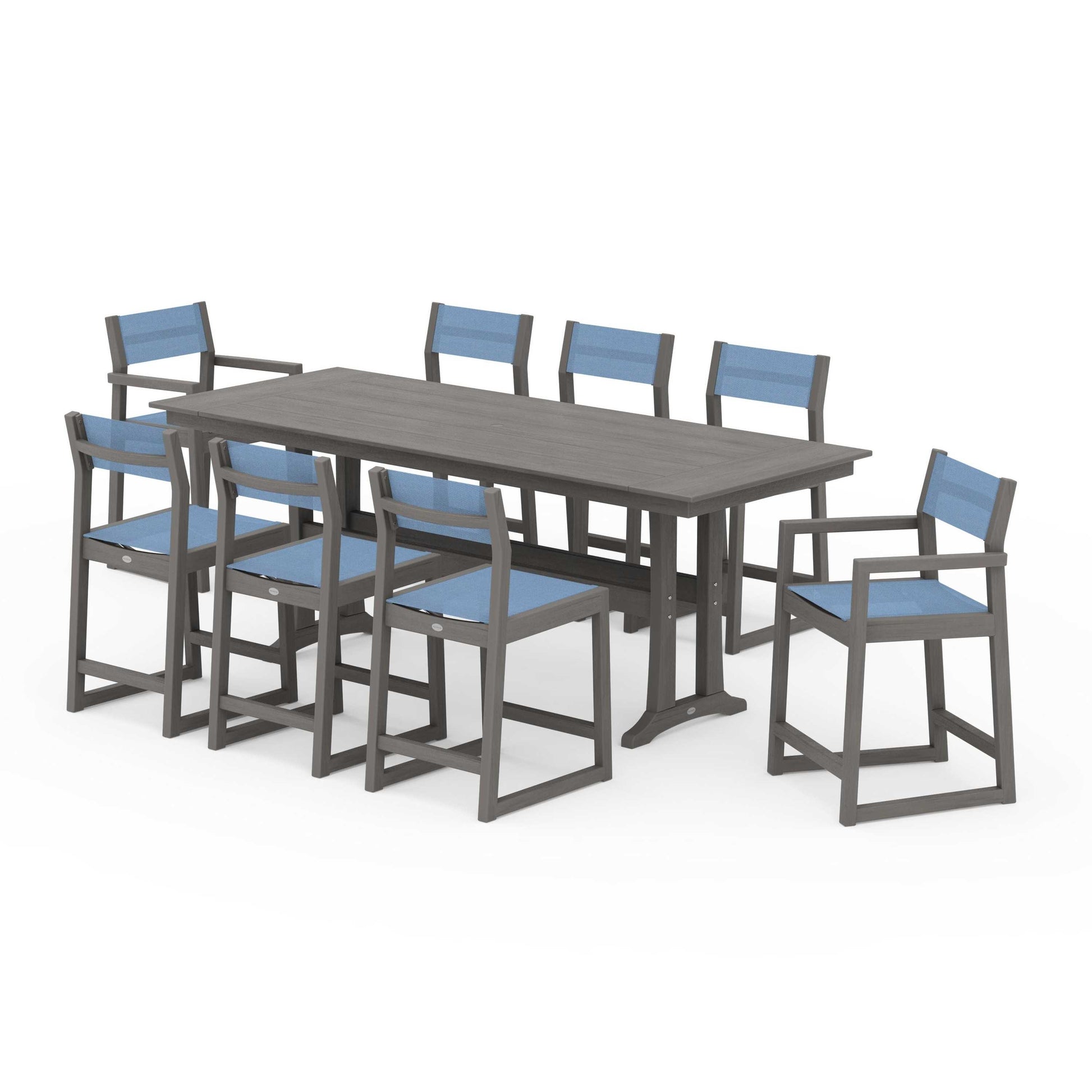 POLYWOOD EDGE Sling 9-Piece Farmhouse Counter Set with Trestle Legs — Driftwood / Poolside Sling