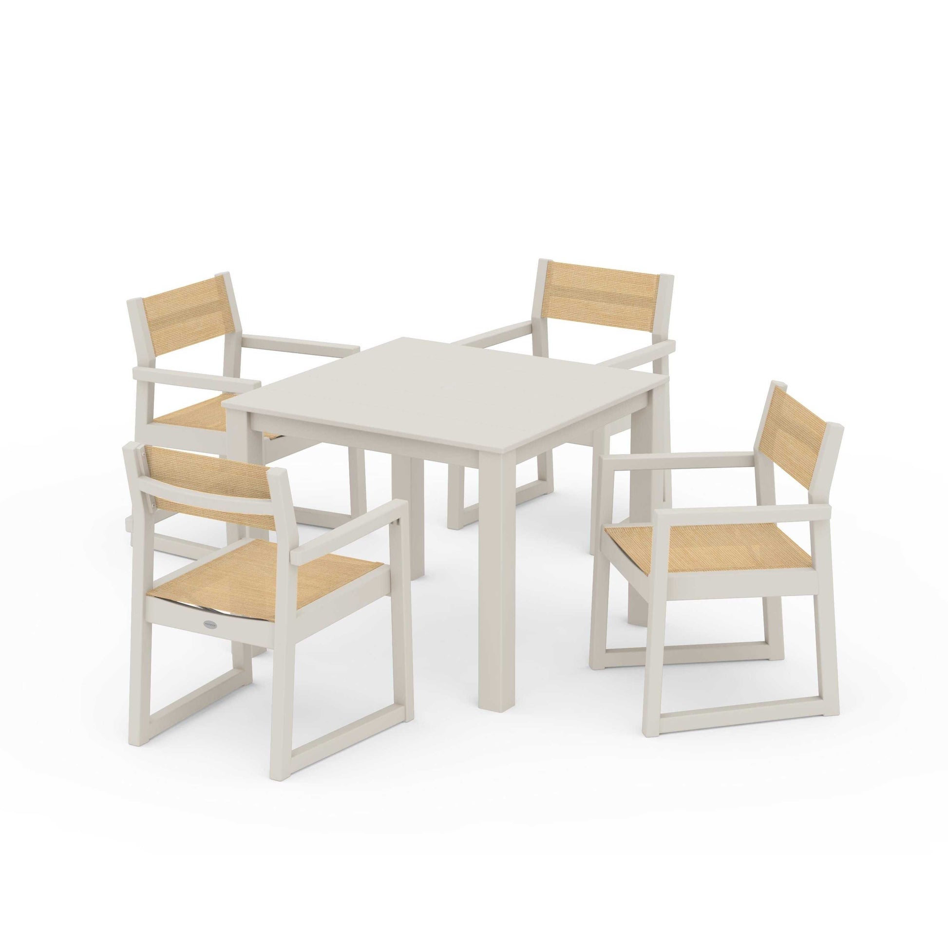 POLYWOOD EDGE Sling Arm Chair 5-Piece Parsons Dining Set — Sand / Dupioni Apricot Sling