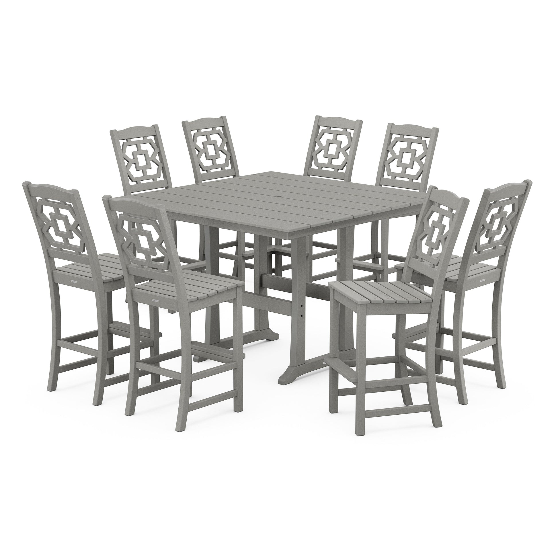 POLYWOOD Chinoiserie 9-Piece Square Farmhouse Side Chair Bar Set with Trestle Legs — Slate Grey