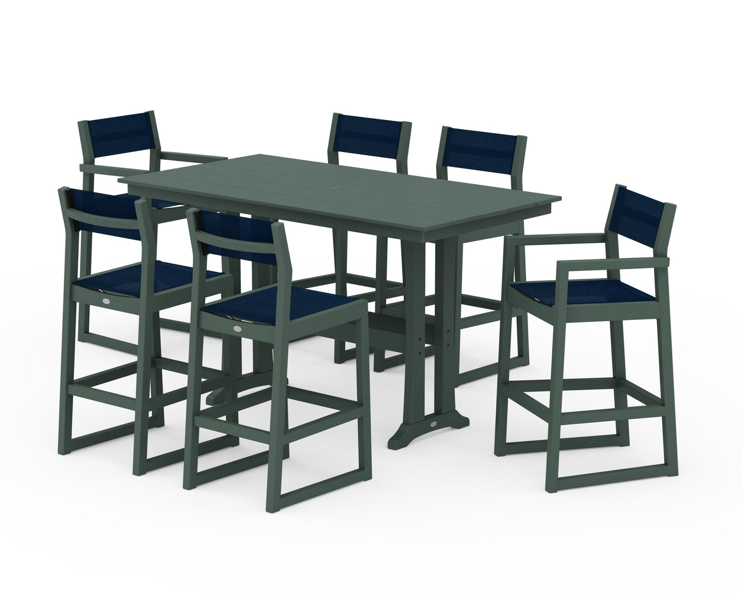 POLYWOOD EDGE Sling 7-Piece Farmhouse Bar Set with Trestle Legs — Green / Navy Blue Sling