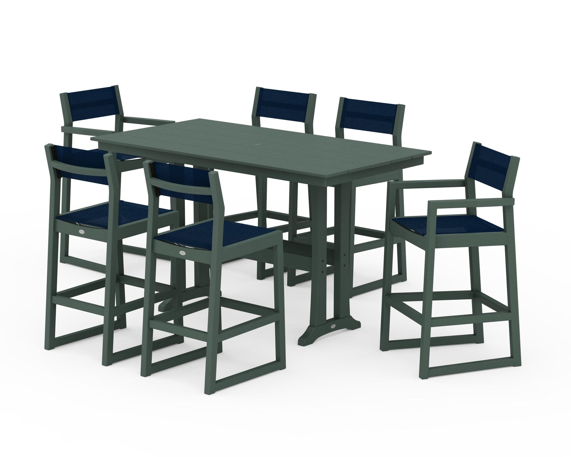 POLYWOOD EDGE Sling 7-Piece Farmhouse Bar Set with Trestle Legs — Green / Navy Blue Sling