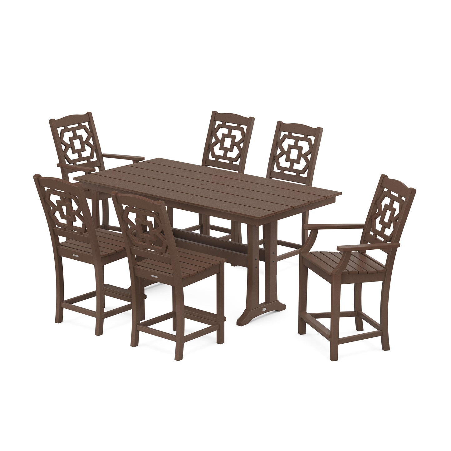 POLYWOOD Chinoiserie 7-Piece Farmhouse Counter Set with Trestle Legs — Mahogany
