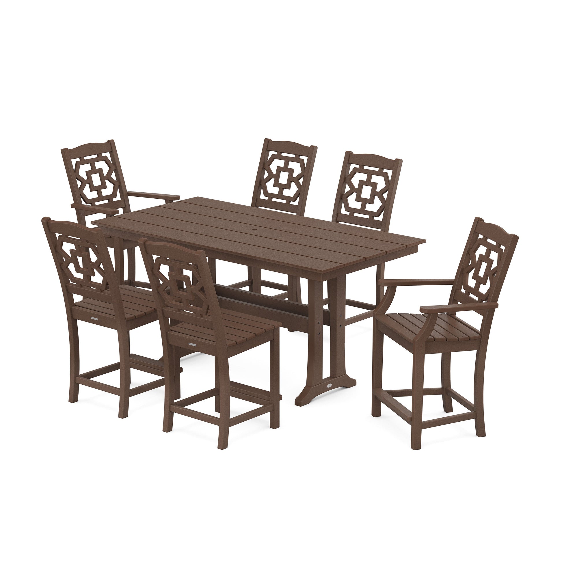 POLYWOOD Chinoiserie 7-Piece Farmhouse Counter Set with Trestle Legs — Mahogany