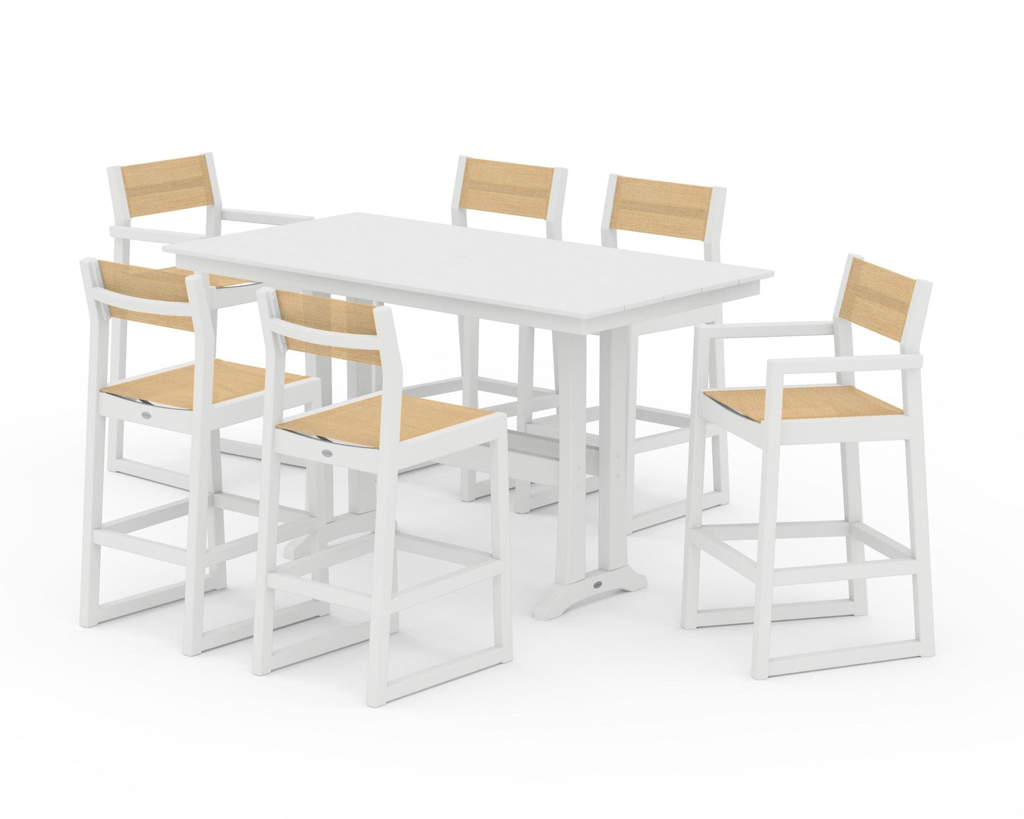 POLYWOOD EDGE Sling 7-Piece Farmhouse Bar Set with Trestle Legs — White / Dupioni Apricot Sling