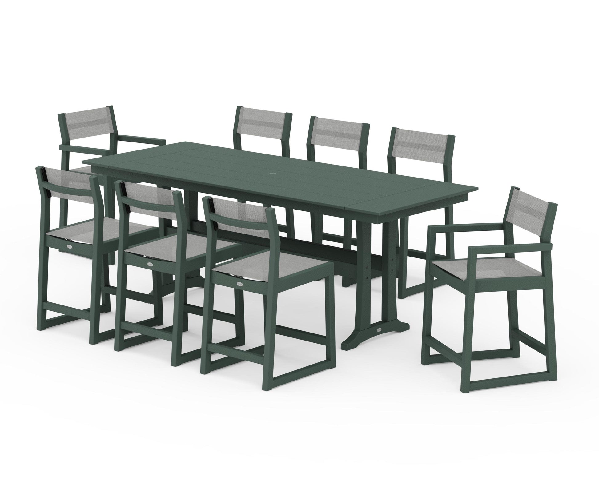 POLYWOOD EDGE Sling 9-Piece Farmhouse Counter Set with Trestle Legs — Green / Metallic Sling