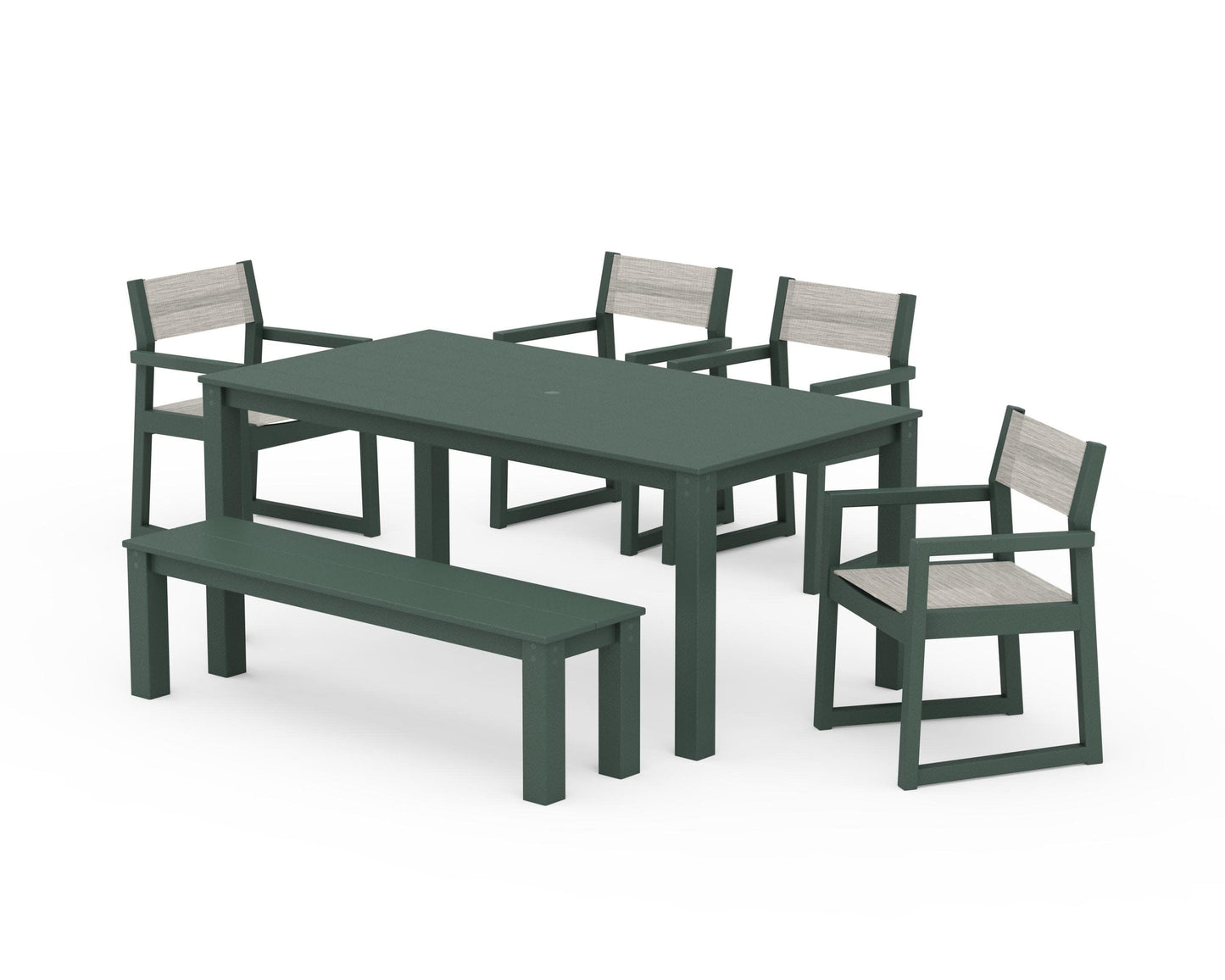 POLYWOOD EDGE Sling Arm Chair 6-Piece Parsons Dining Set with Bench — Green / Birch Sling