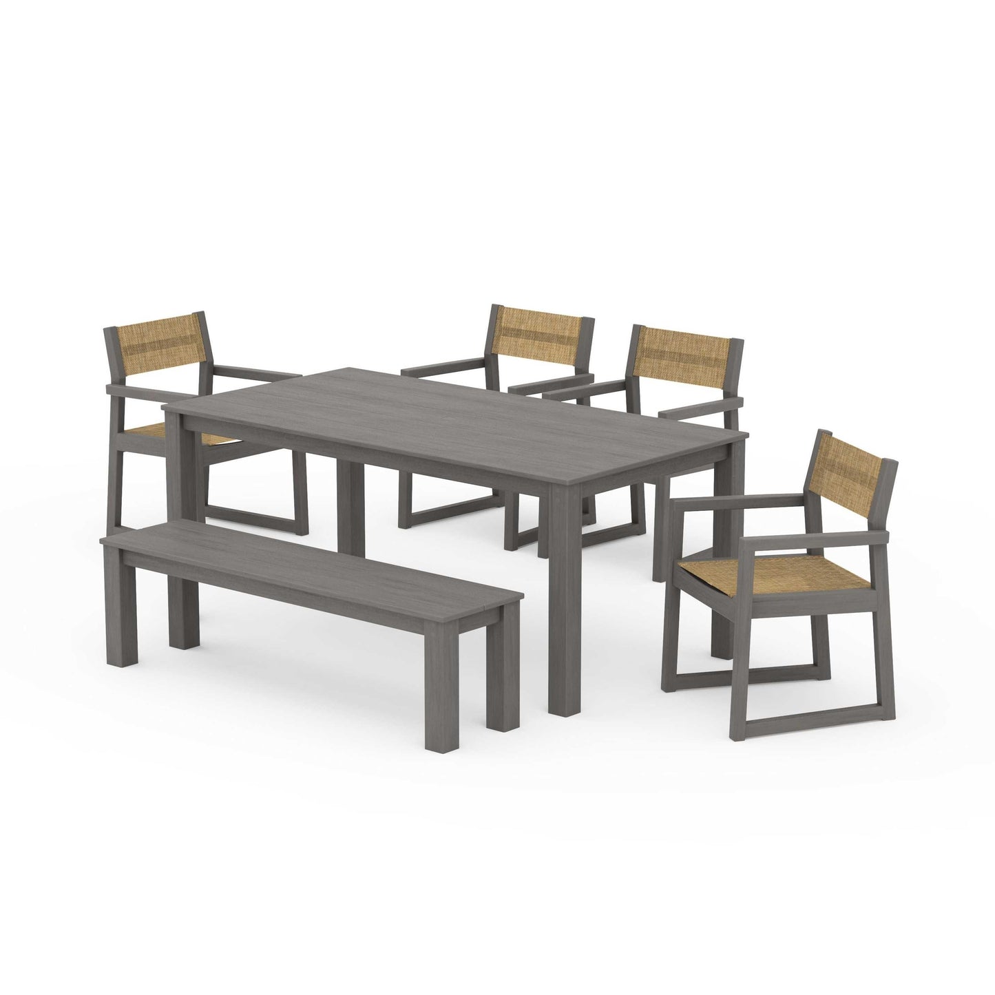POLYWOOD EDGE Sling Arm Chair 6-Piece Parsons Dining Set with Bench — Driftwood / Burlap Sling