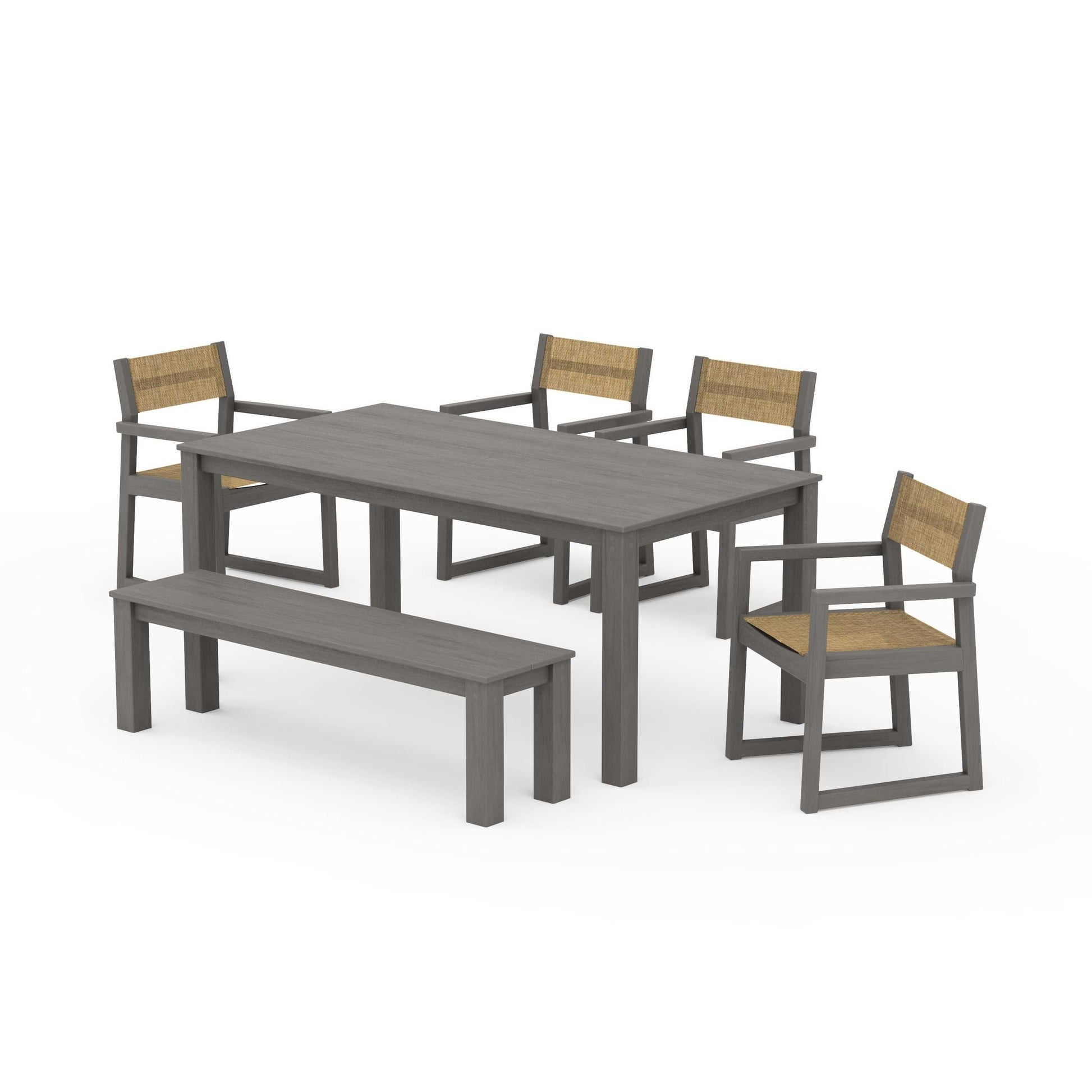 POLYWOOD EDGE Sling Arm Chair 6-Piece Parsons Dining Set with Bench — Driftwood / Burlap Sling