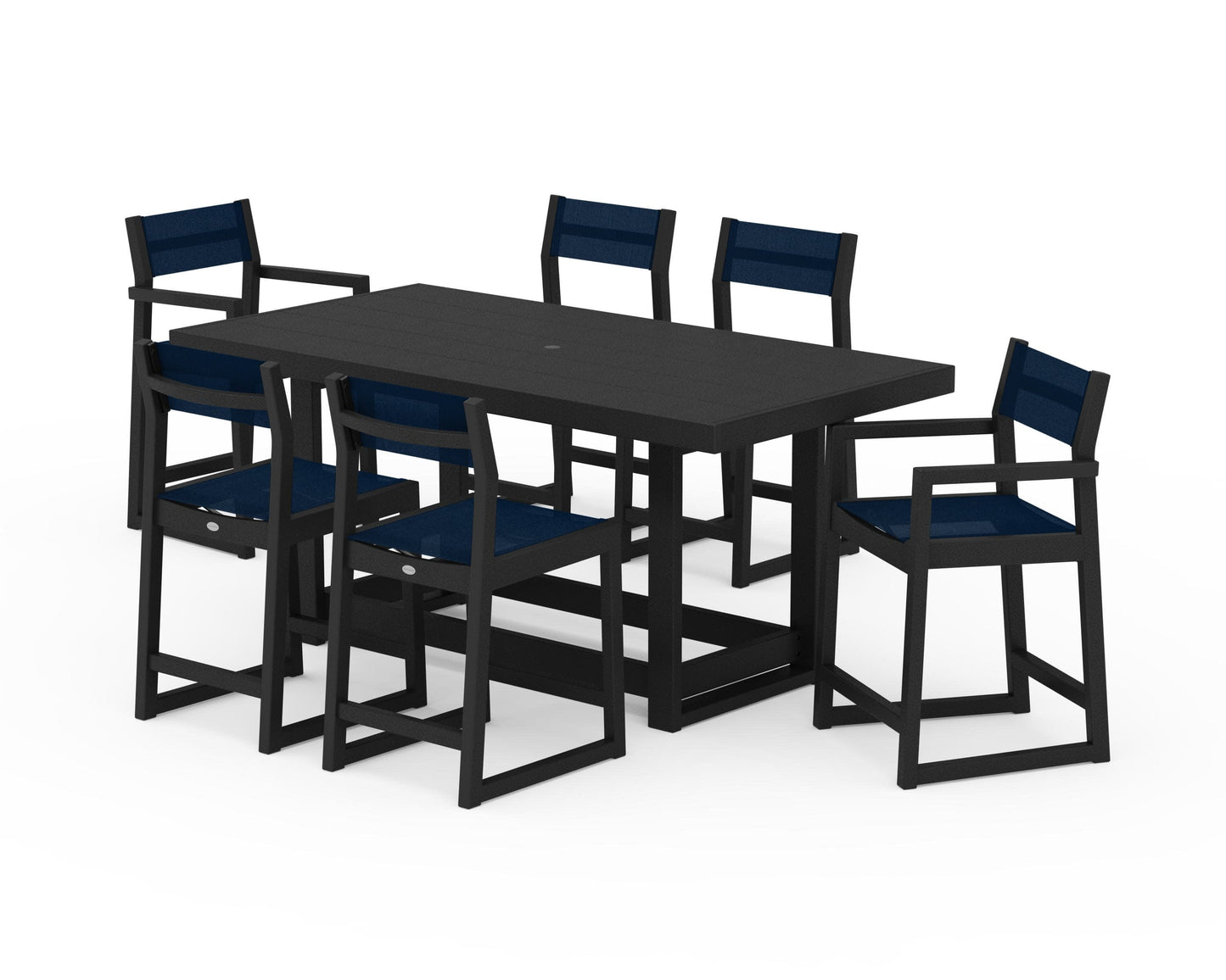 POLYWOOD EDGE Sling 7-Piece Counter Table Set — Black / Navy Blue Sling