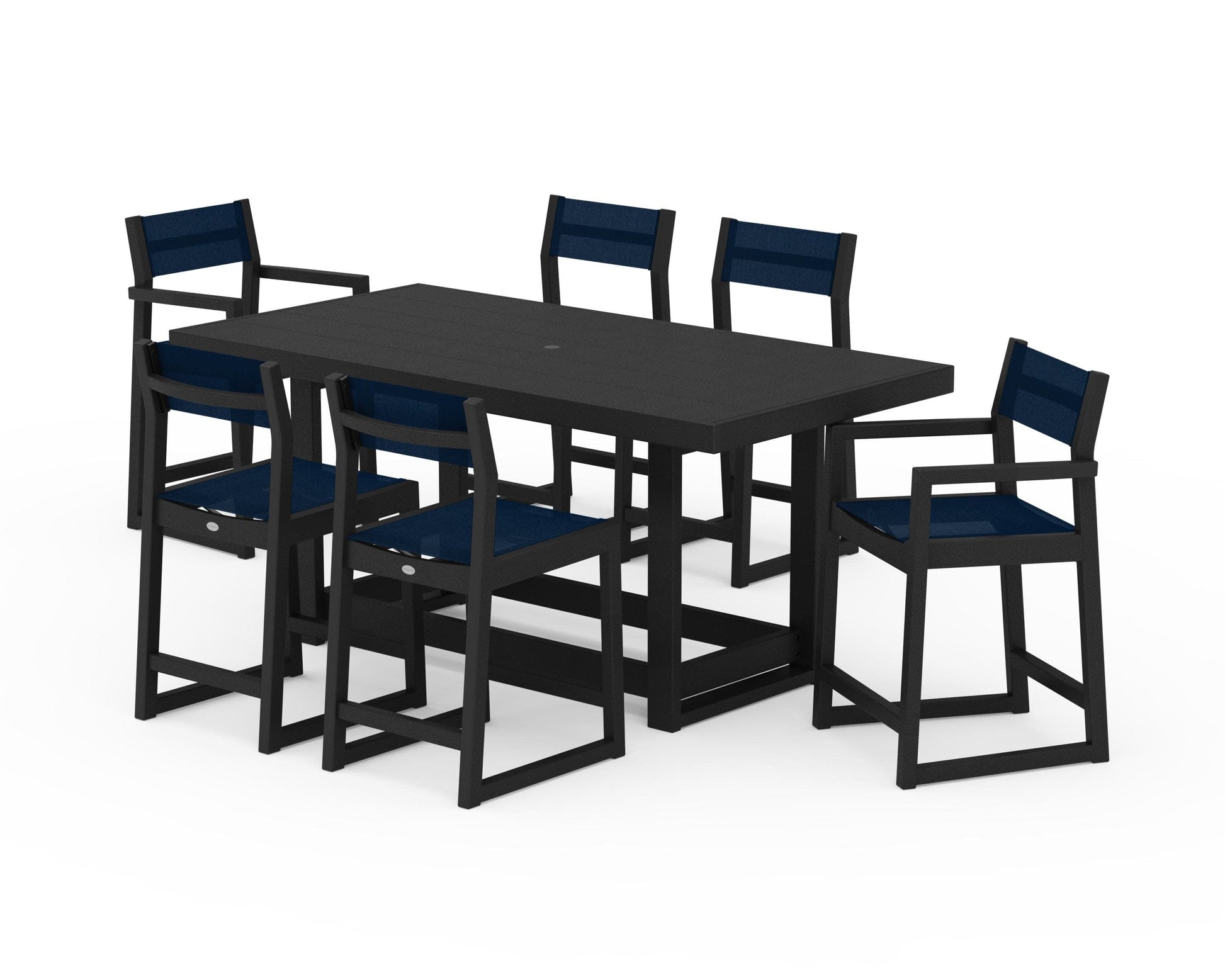 POLYWOOD EDGE Sling 7-Piece Counter Table Set — Black / Navy Blue Sling