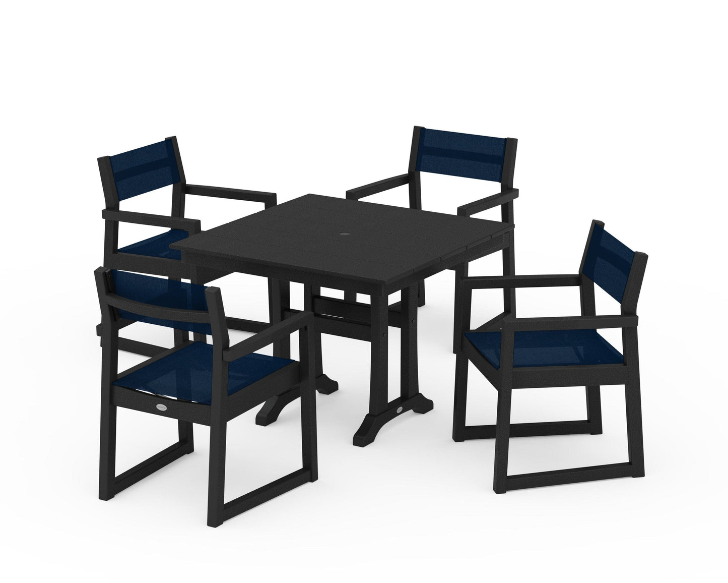 POLYWOOD EDGE Sling 5-Piece Farmhouse Dining Set with Trestle Legs — Black / Navy Blue Sling